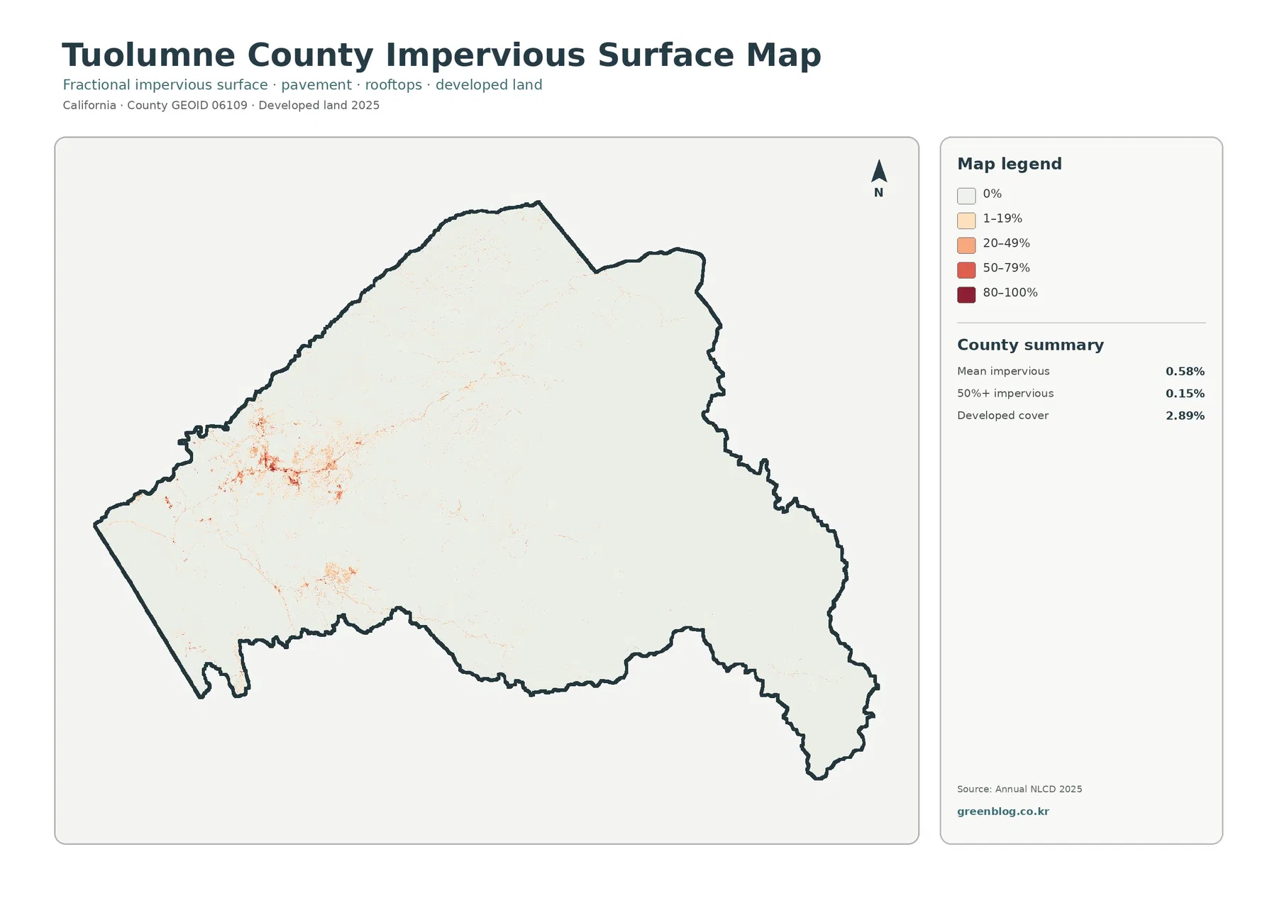 Tuolumne County 불투수·개발지 지도