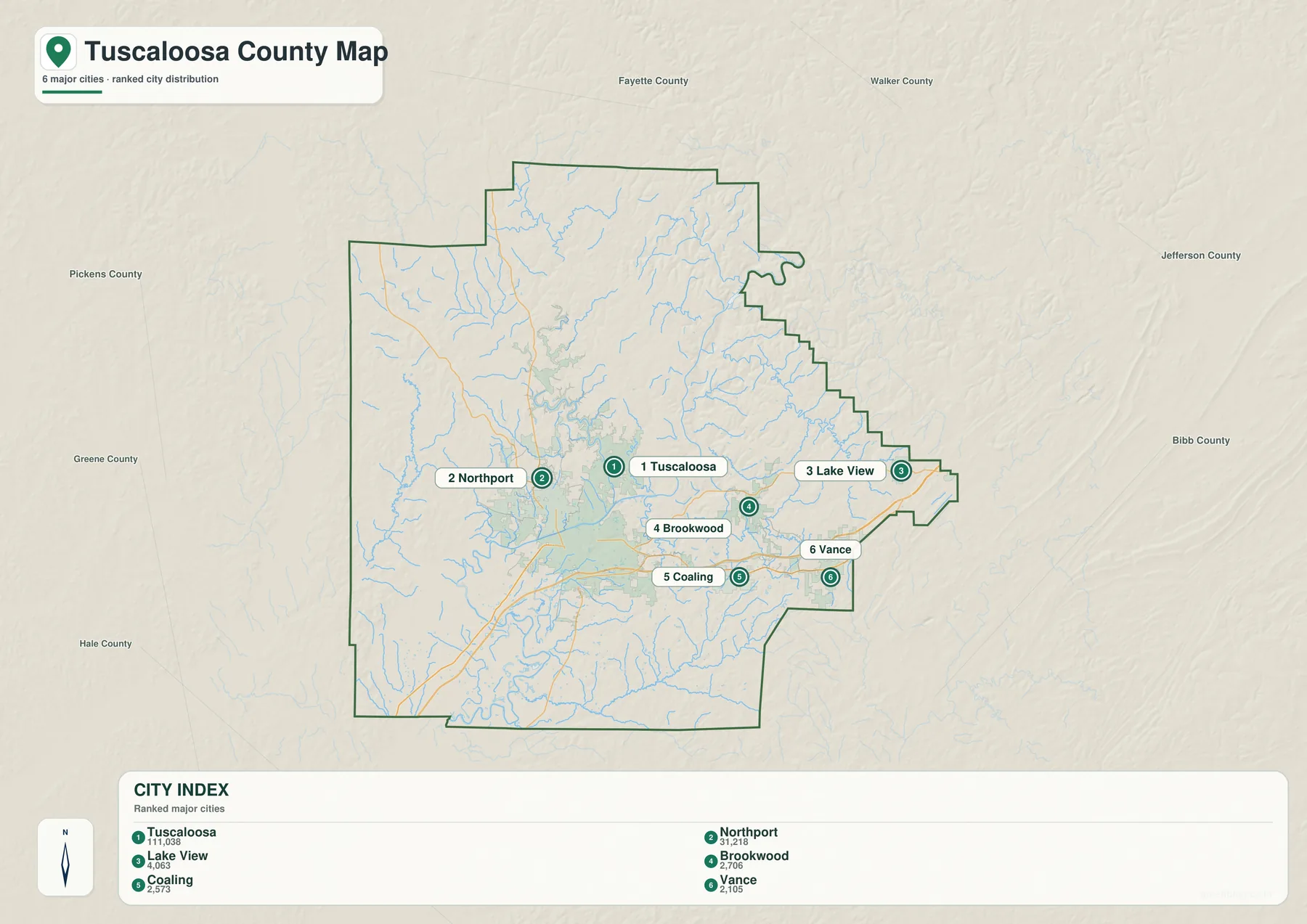 Tuscaloosa County의 Tuscaloosa, Northport, Lake View, Brookwood, Coaling, Vance 6개 지역을 순위로 표시한 지도