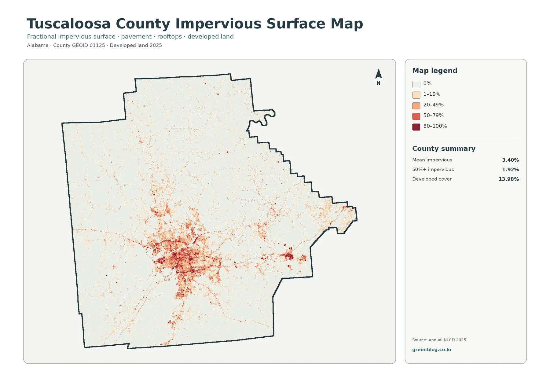 Tuscaloosa County 불투수·개발지 지도