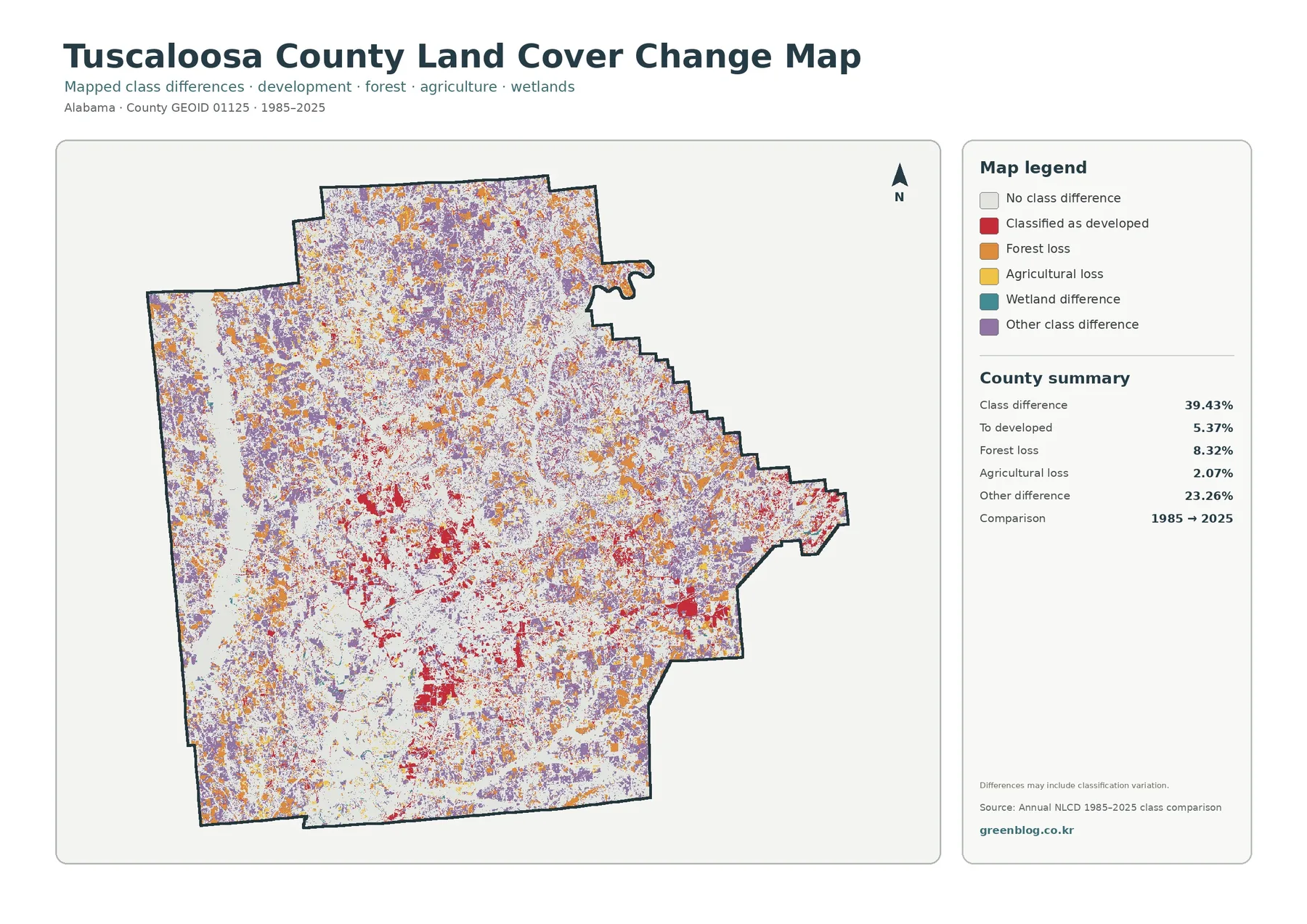 Tuscaloosa County 토지 피복 변화 지도