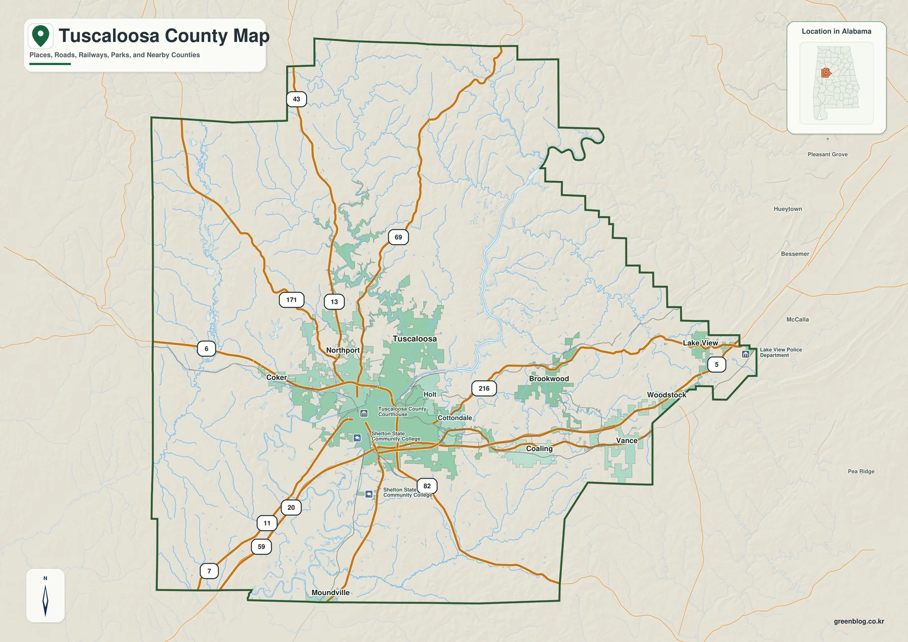 Tuscaloosa County 경계와 Tuscaloosa, Northport, Coker, Holt, Brookwood, Coaling, Vance, 주요 도로를 표시한 지도