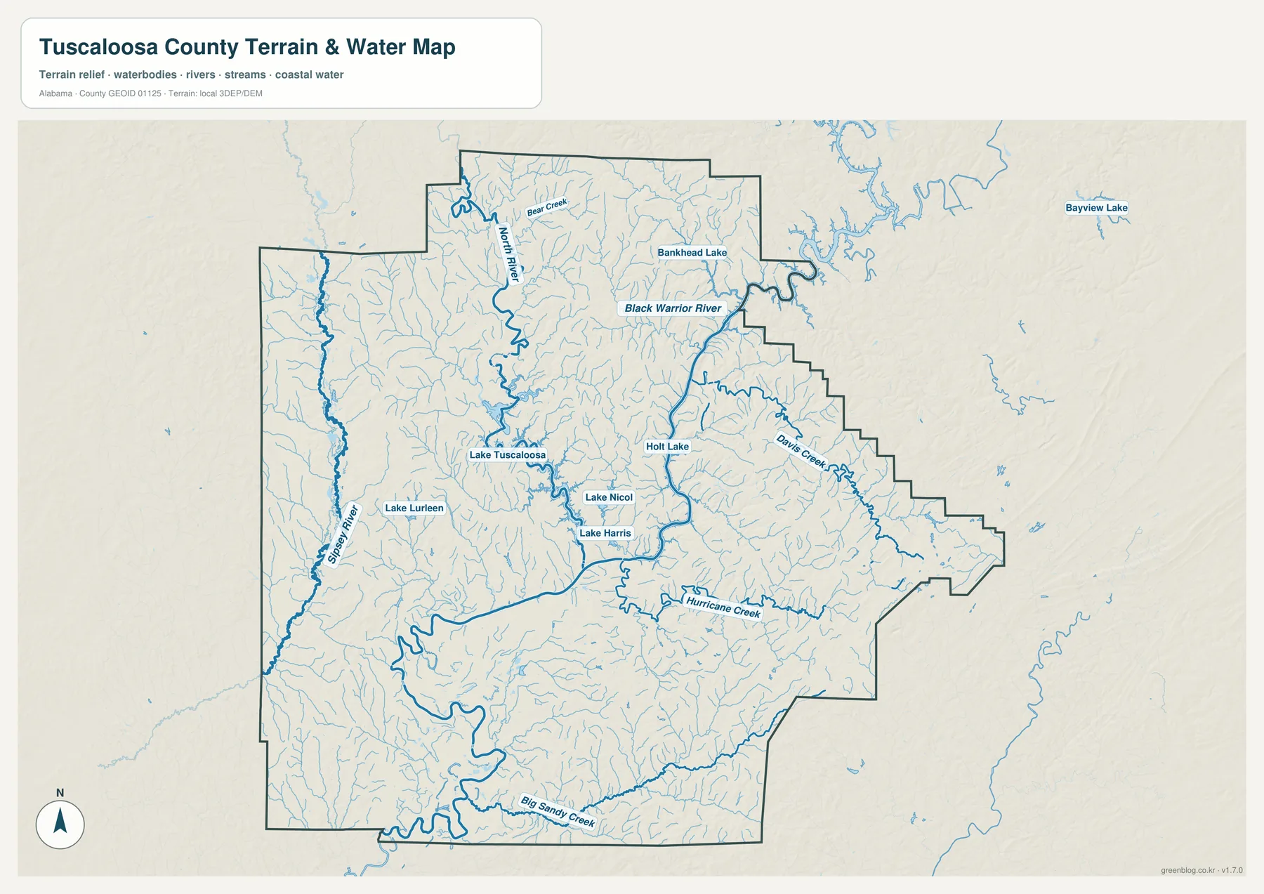 Tuscaloosa County의 Black Warrior River, North River, Sipsey River, Lake Tuscaloosa, Holt Lake, Bankhead Lake, 주요 creek를 표시한 수역 지도