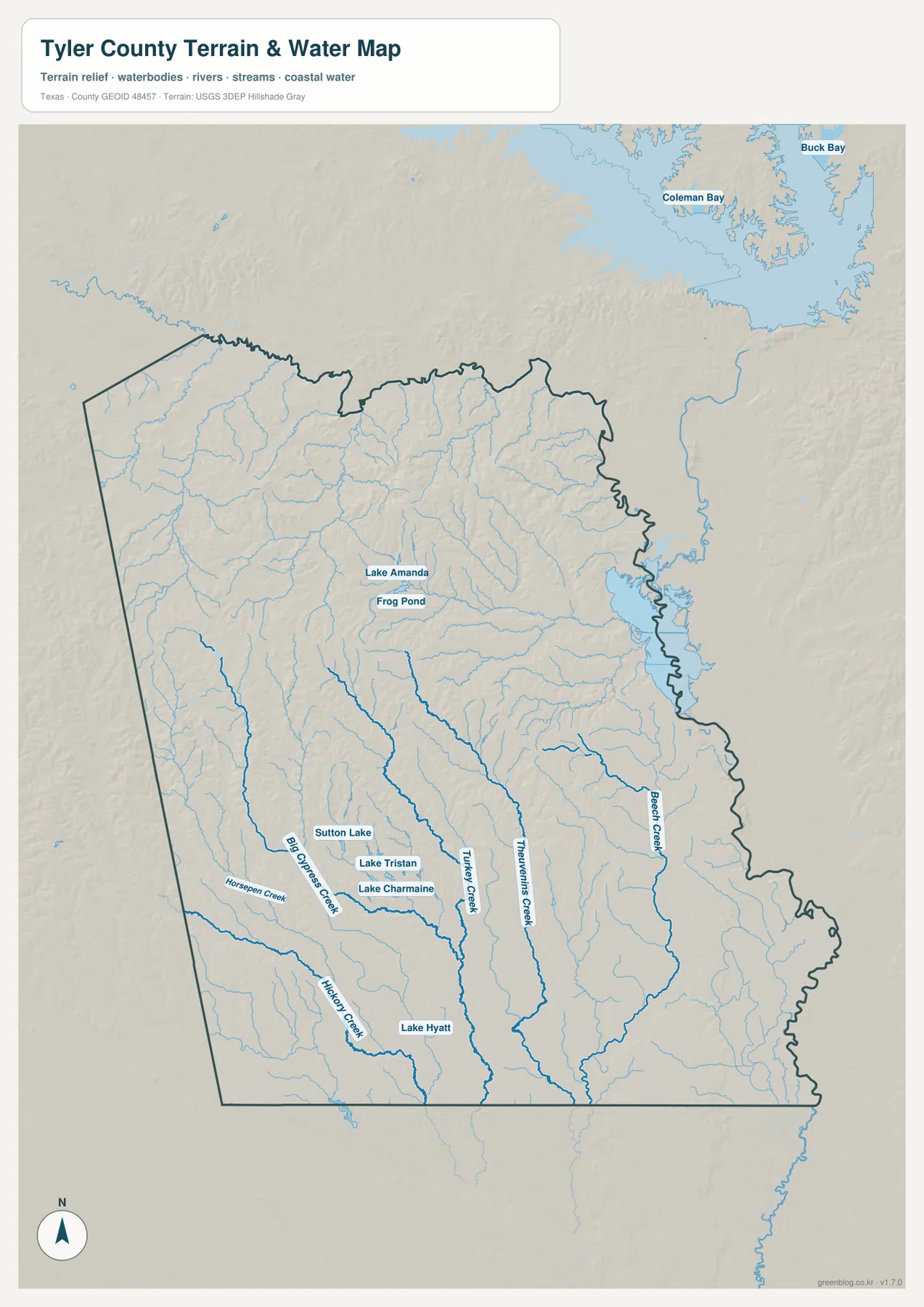 Tyler County 수역 지도에 표시된 Big Cypress Creek, Turkey Creek, Beech Creek, Hickory Creek, Lake Amanda와 Lake Hyatt