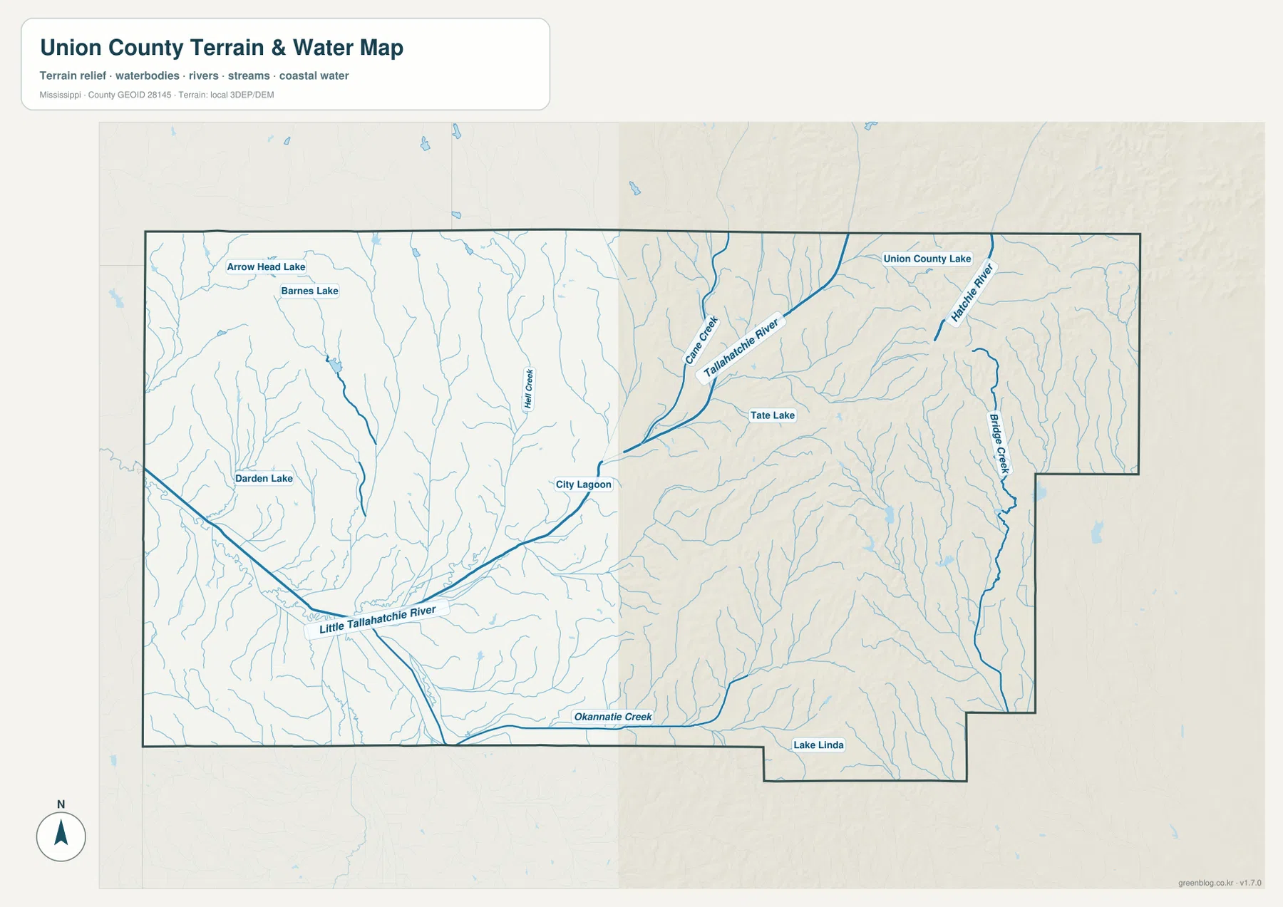 Union County 수역 지도 - Little Tallahatchie River, Tallahatchie River, Cane Creek, Hatchie River와 주요 호수