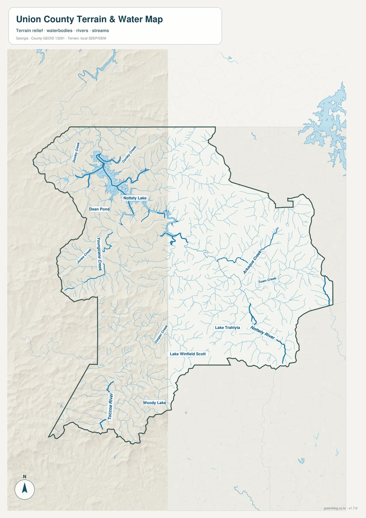 유니언 카운티의 Nottely Lake, Nottely River와 여러 하천을 표시한 수역 지도