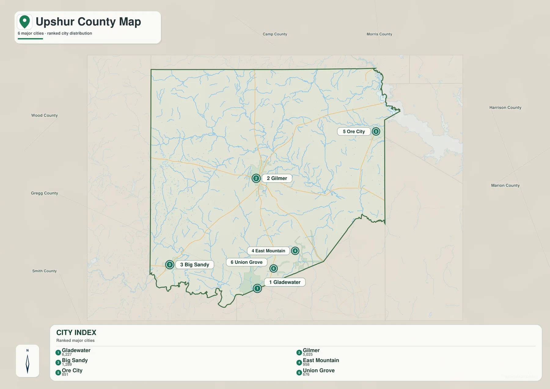 Upshur County 도시 지도에 표시된 Gladewater, Gilmer, Big Sandy, East Mountain, Ore City, Union Grove