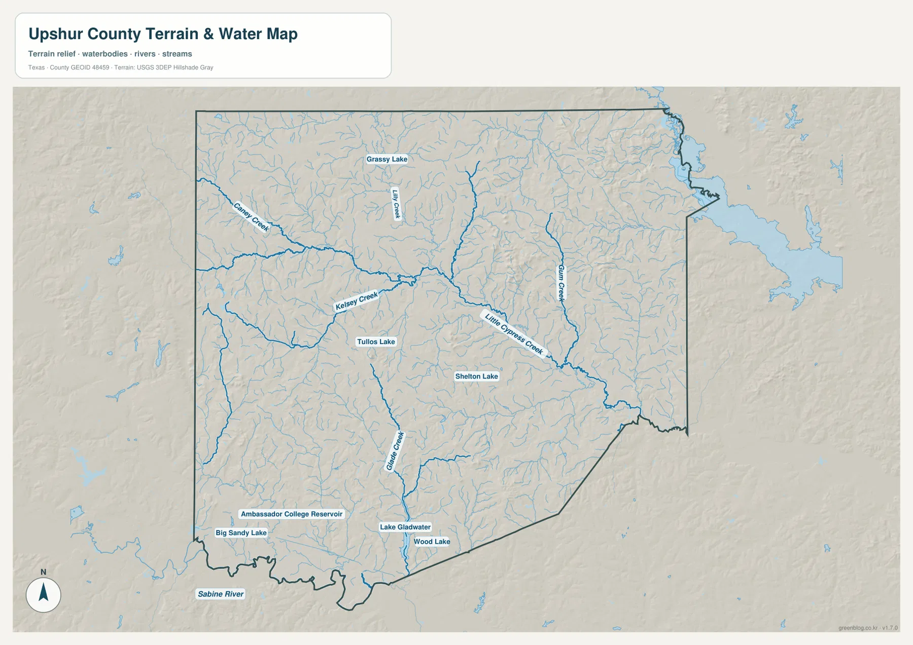Upshur County 수역 지도에 표시된 Little Cypress Creek, Kelsey Creek, Caney Creek, Mill Creek, Lake Gladewater와 Big Sandy Lake