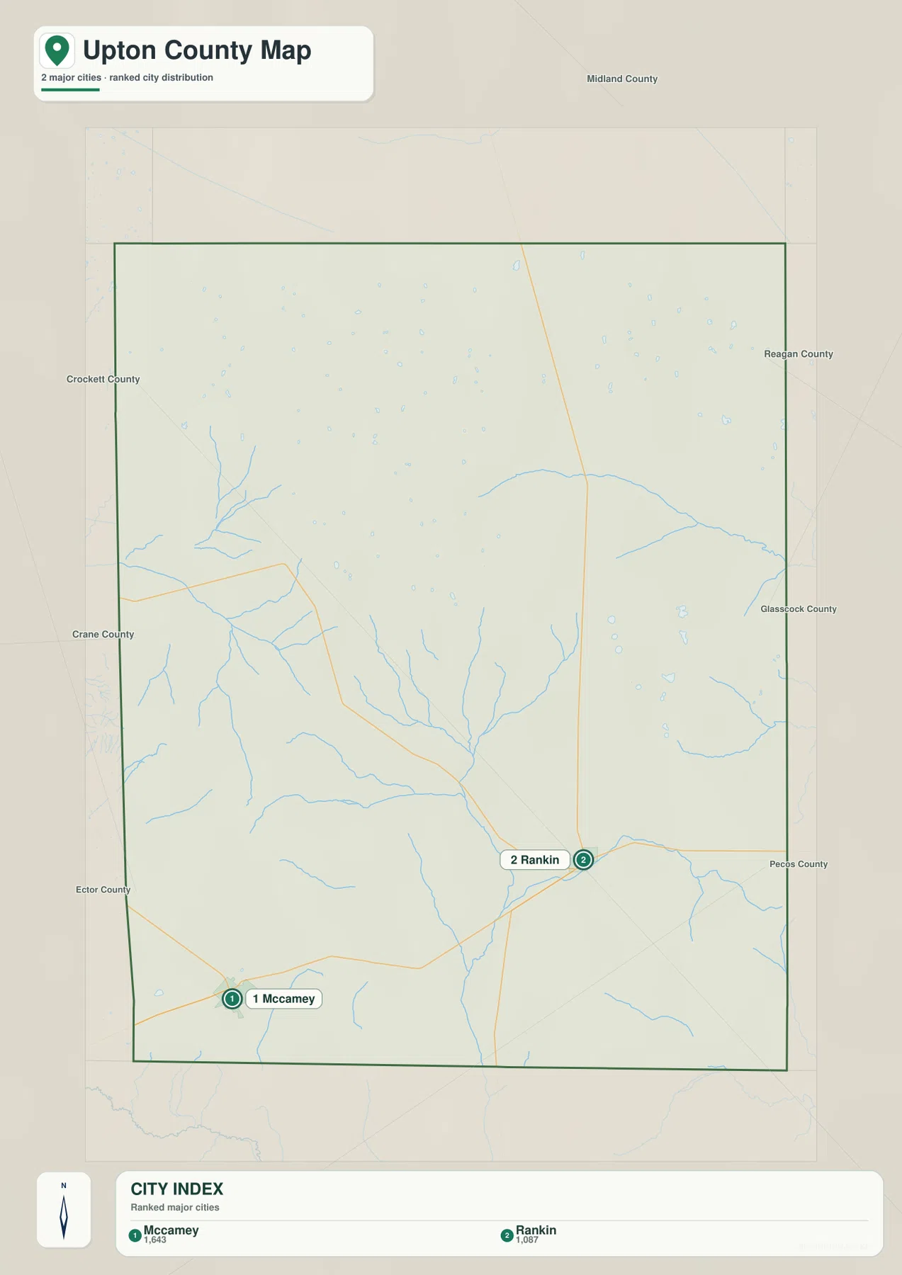 Upton County ranked city map showing McCamey and Rankin
