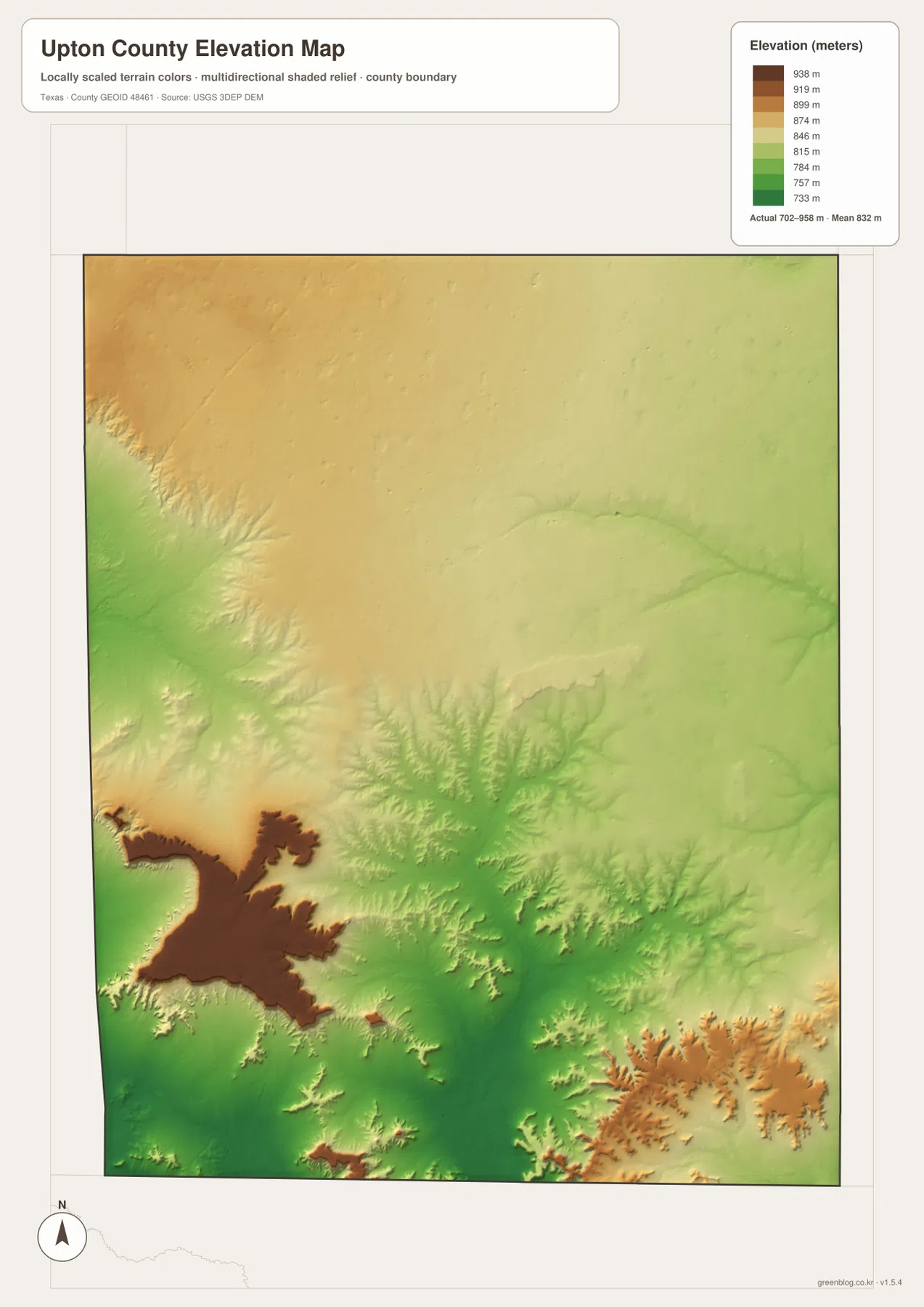 Upton County elevation map showing an actual range of about 702 to 958 meters and a mean of 832 meters