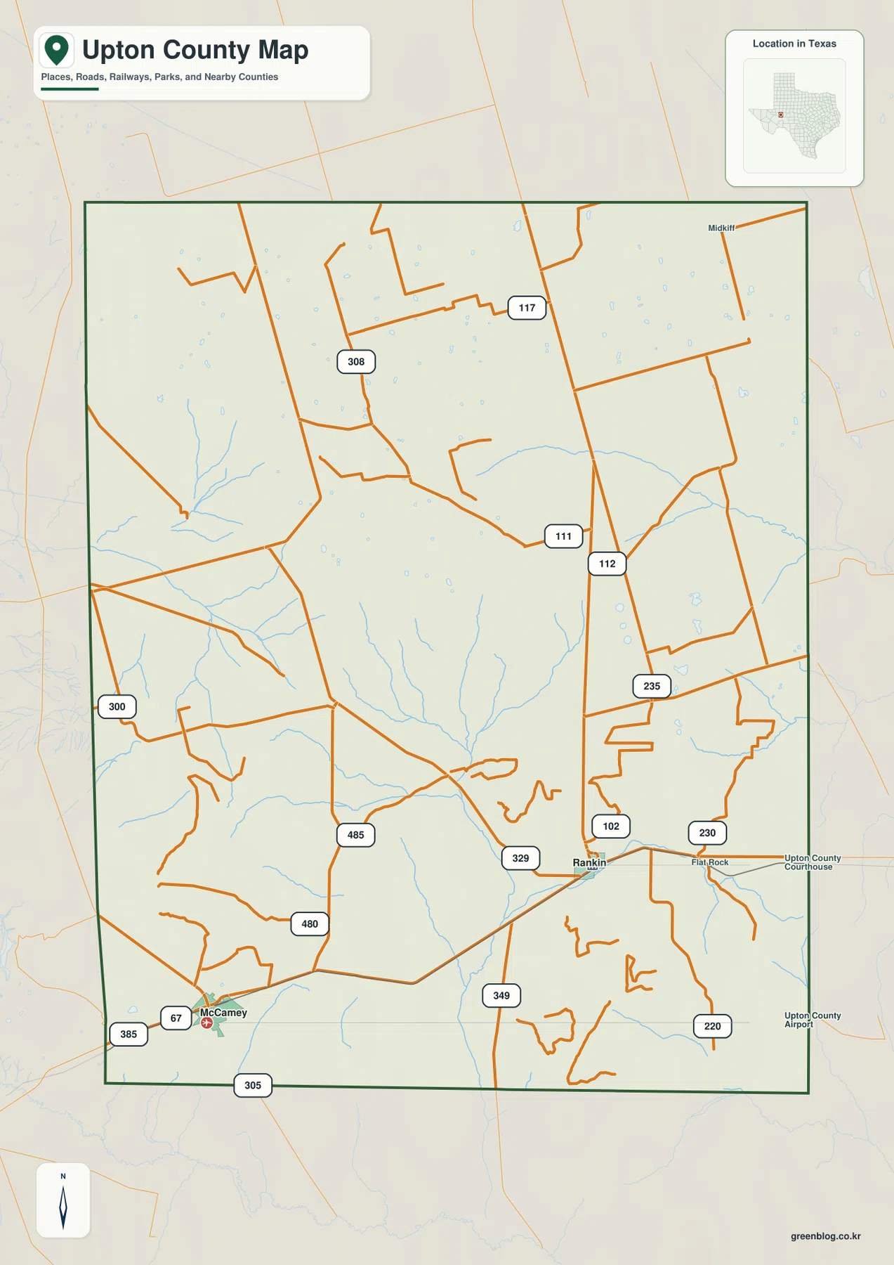 Upton County map showing Rankin, McCamey, Midkiff, and numbered road routes