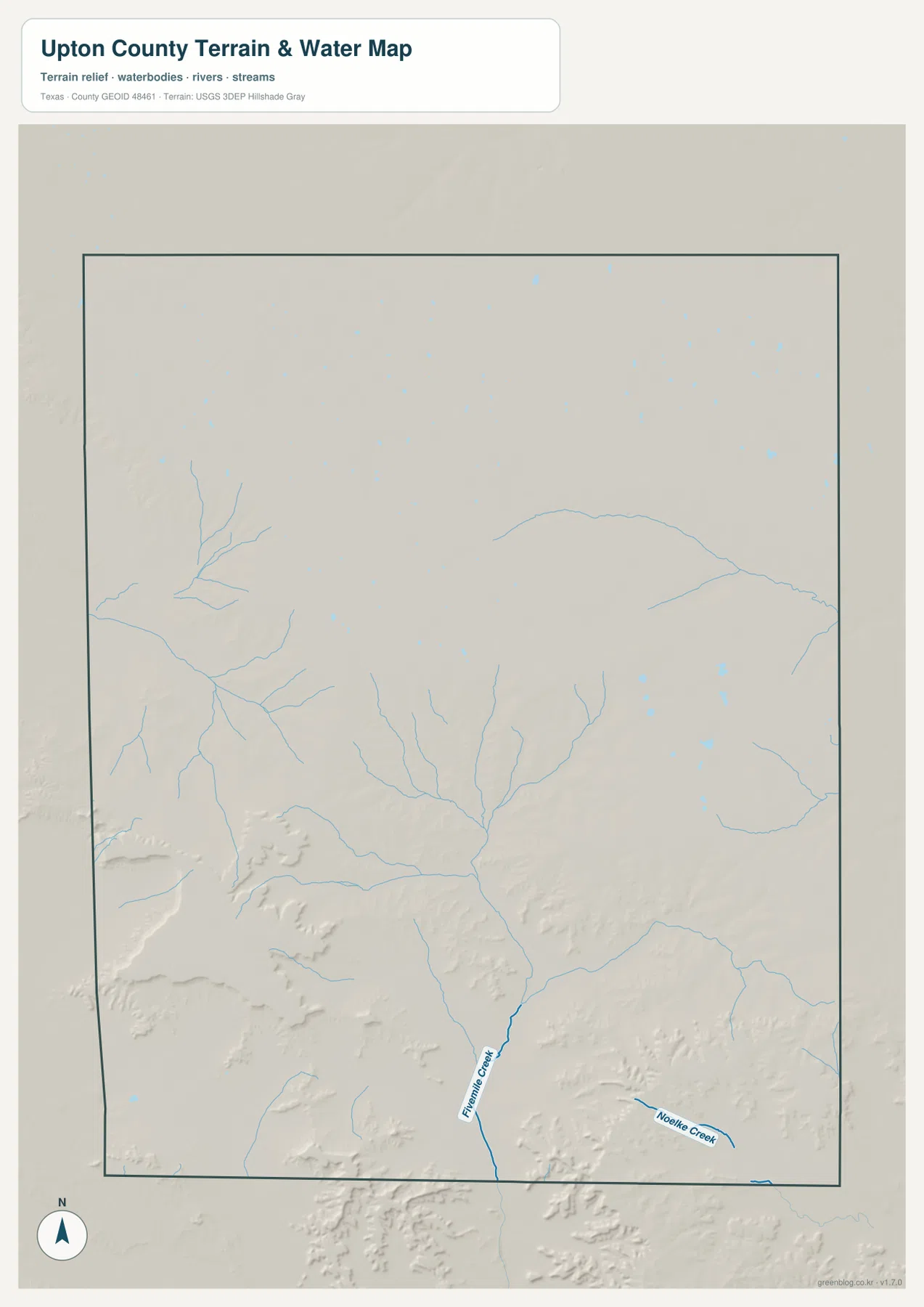 Upton County water map showing Fivemile Creek, Noelke Creek, and unnamed drainage lines