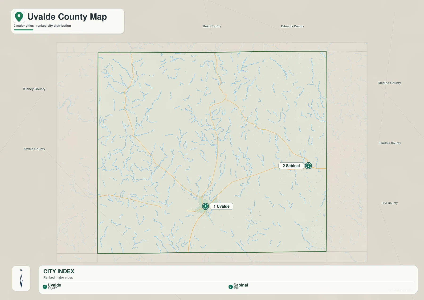 Uvalde County ranked city map showing Uvalde and Sabinal