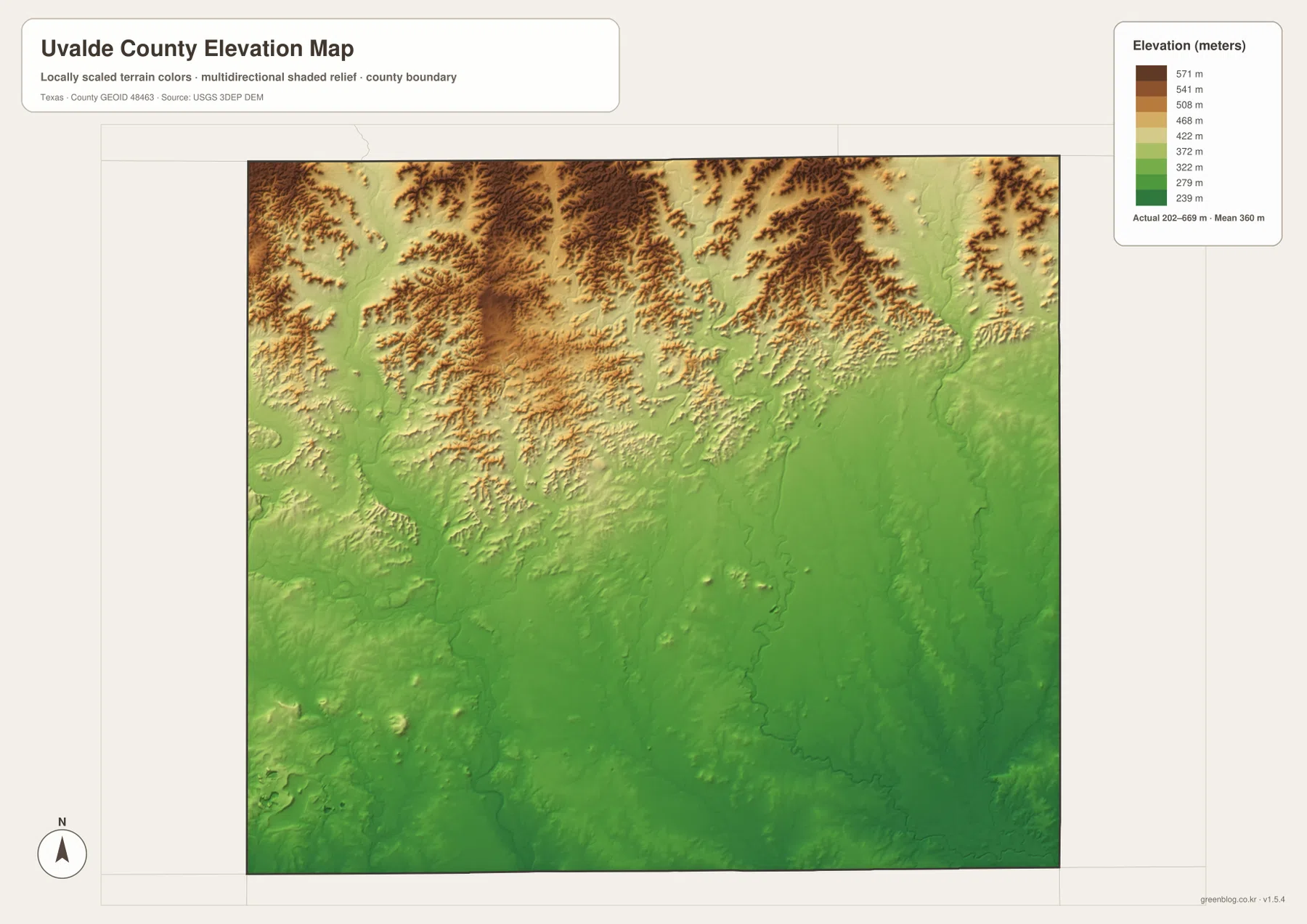 Uvalde County elevation map showing an actual range of about 202 to 669 meters and a mean of 360 meters