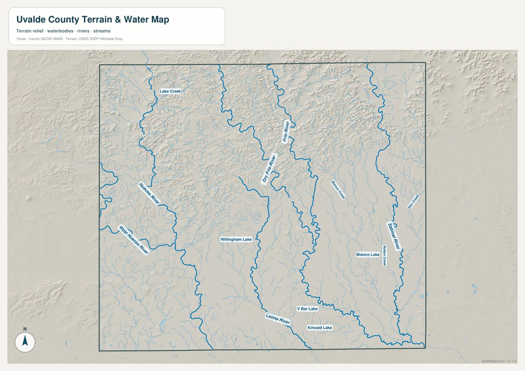 Uvalde County water map showing Nueces River, West Nueces River, Frio River, Dry Frio River, Sabinal River, Leona River, and named lakes