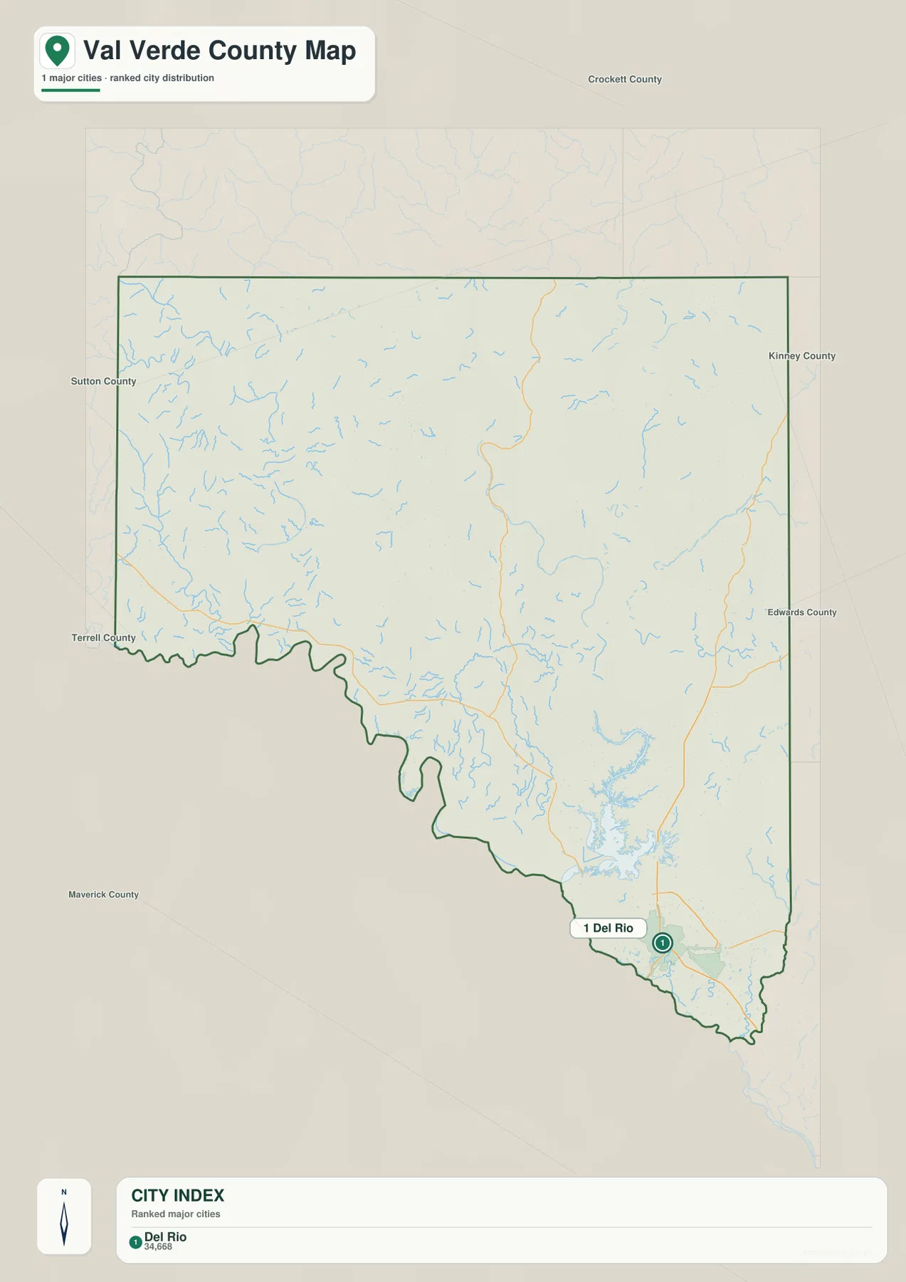 Val Verde County ranked city map highlighting Del Rio as the only major city
