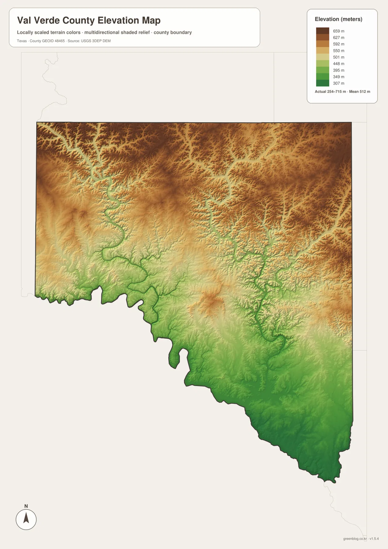 Val Verde County elevation map showing an actual range of about 254 to 715 meters and a mean of 512 meters