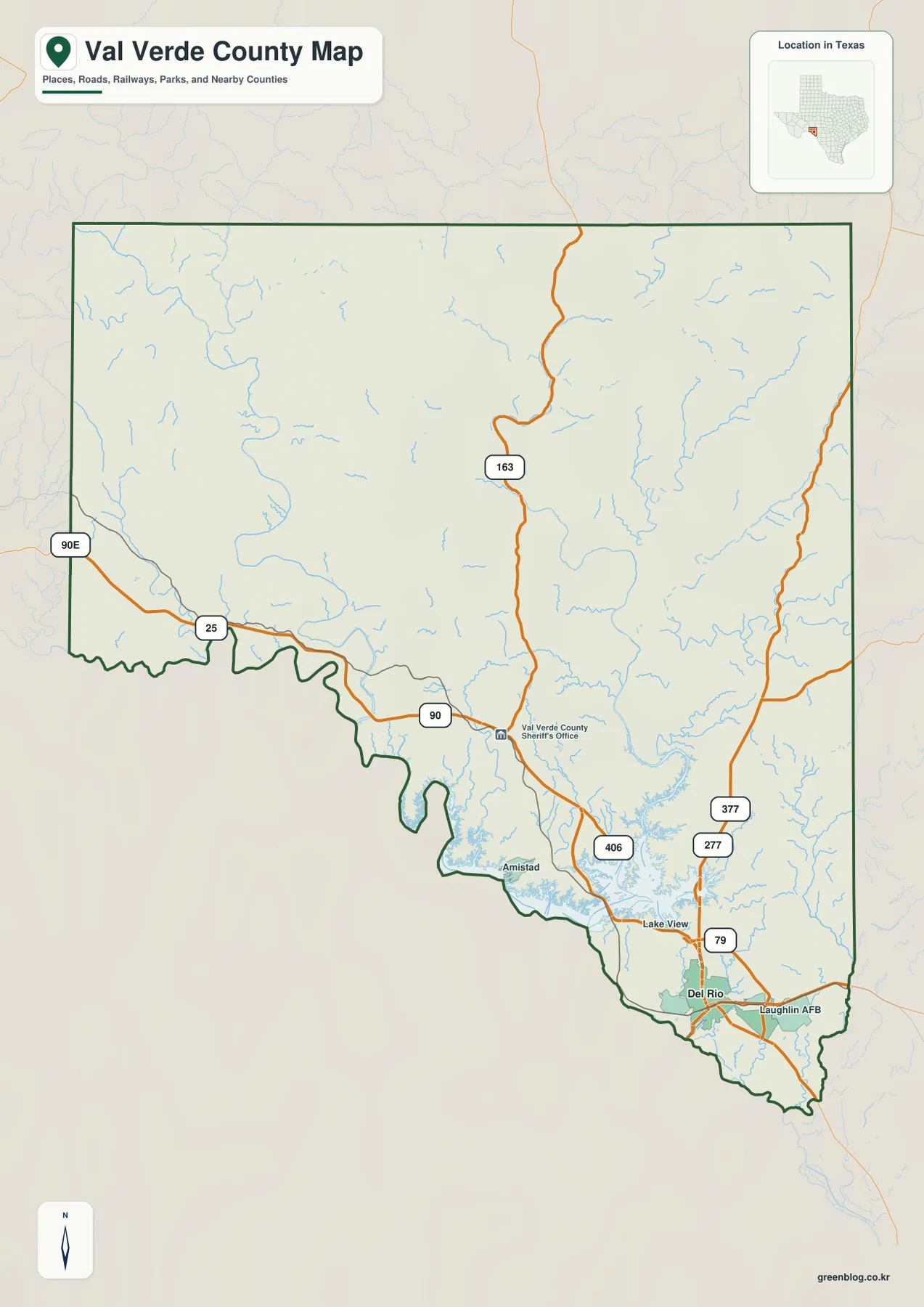 Val Verde County map showing Del Rio, Lake Amistad, route 90, routes 277 and 377, and the border