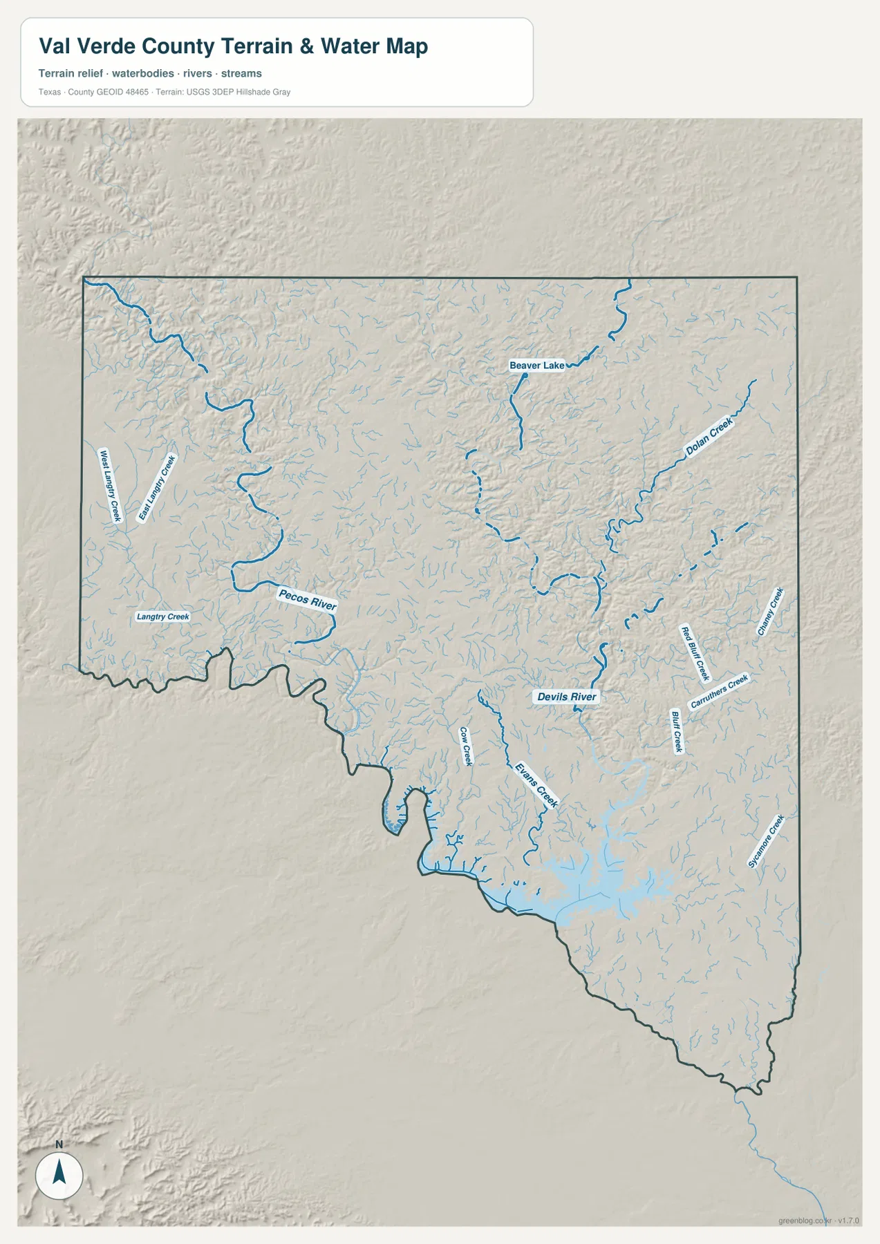 Val Verde County water map showing Pecos River, Devils River, Dolan Creek, Beaver Lake, and the Langtry Creek system