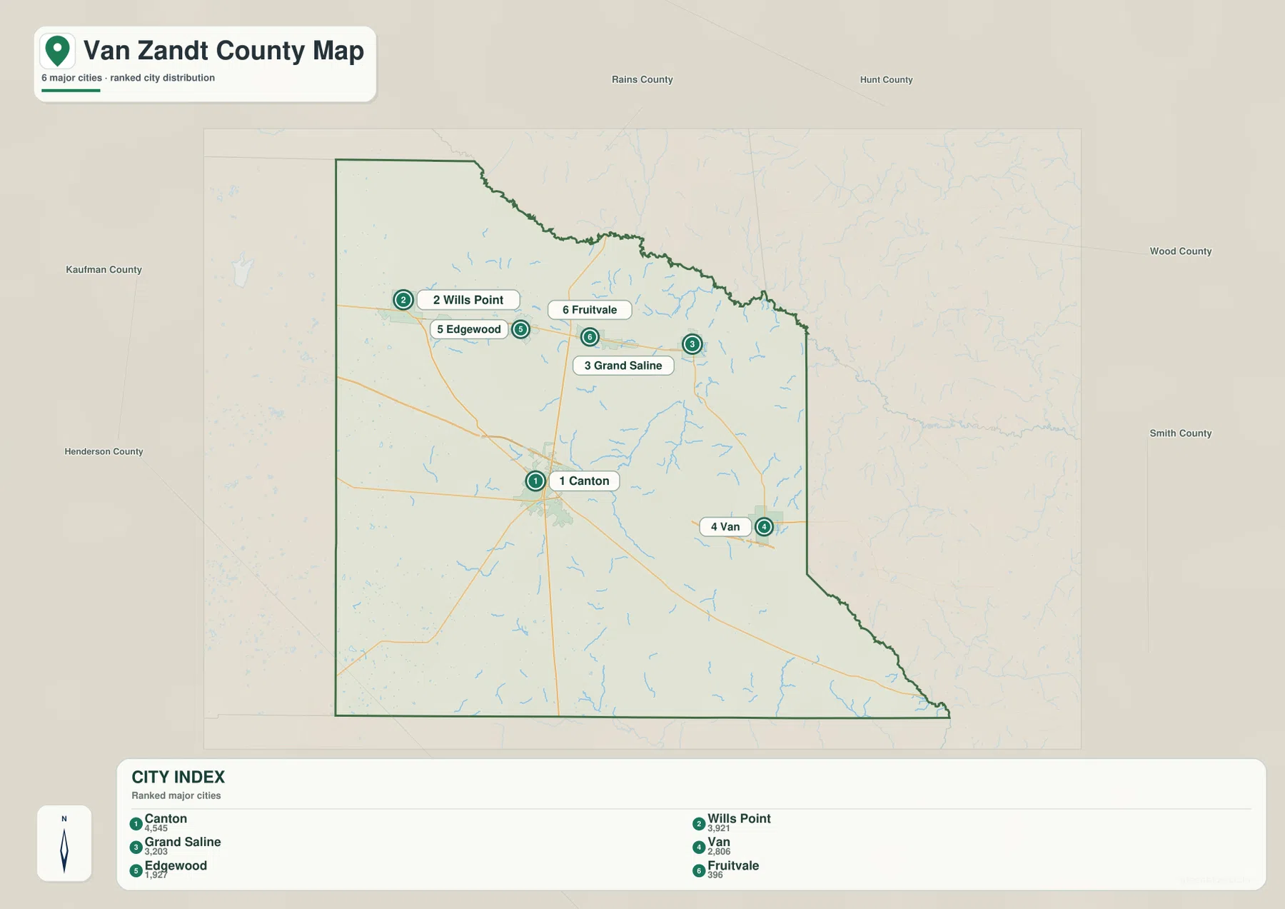 Van Zandt County city map showing Canton, Wills Point, Grand Saline, Van, Edgewood, and Fruitvale
