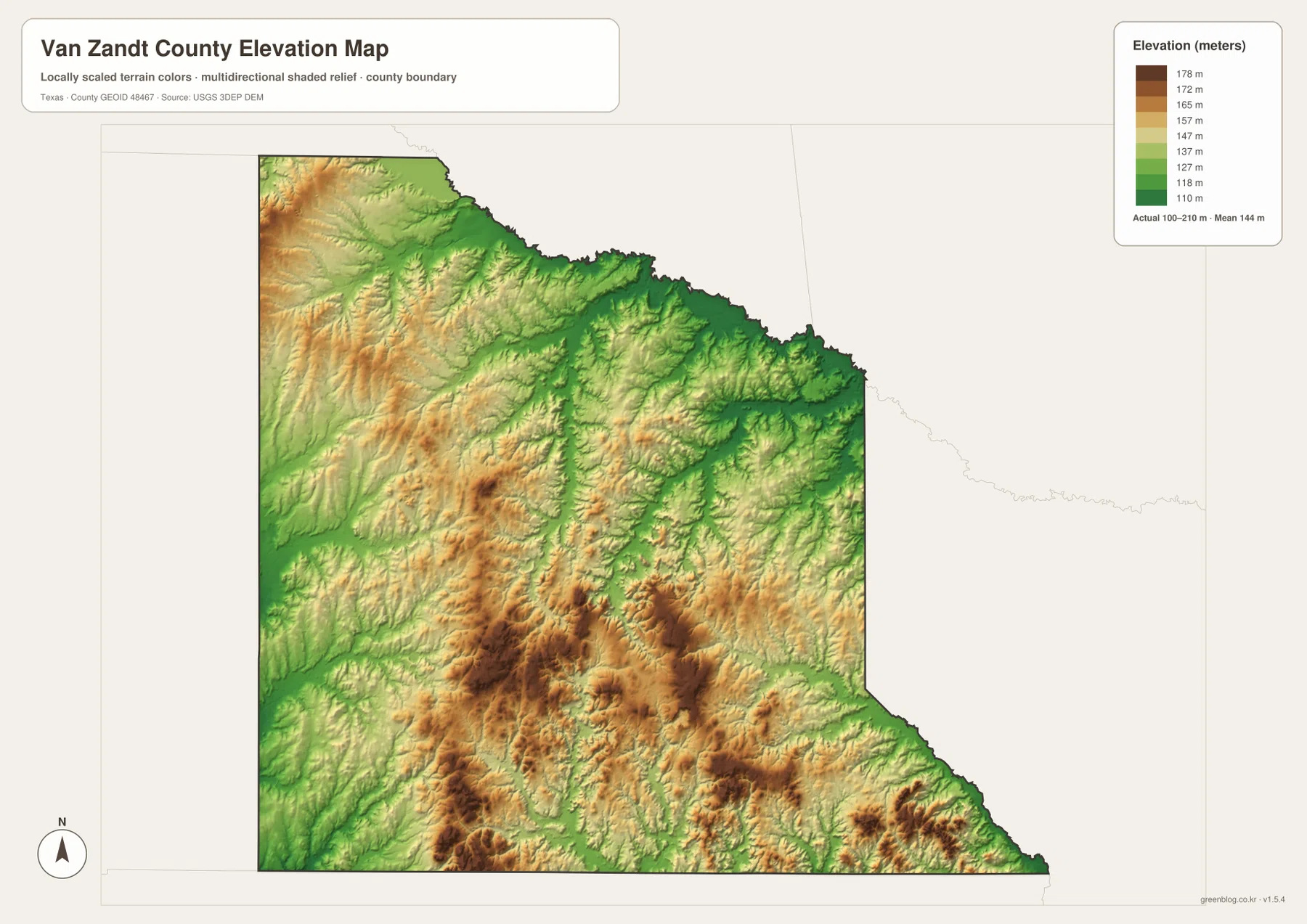 Van Zandt County elevation map showing an actual range of about 100 to 210 meters and a mean of 144 meters