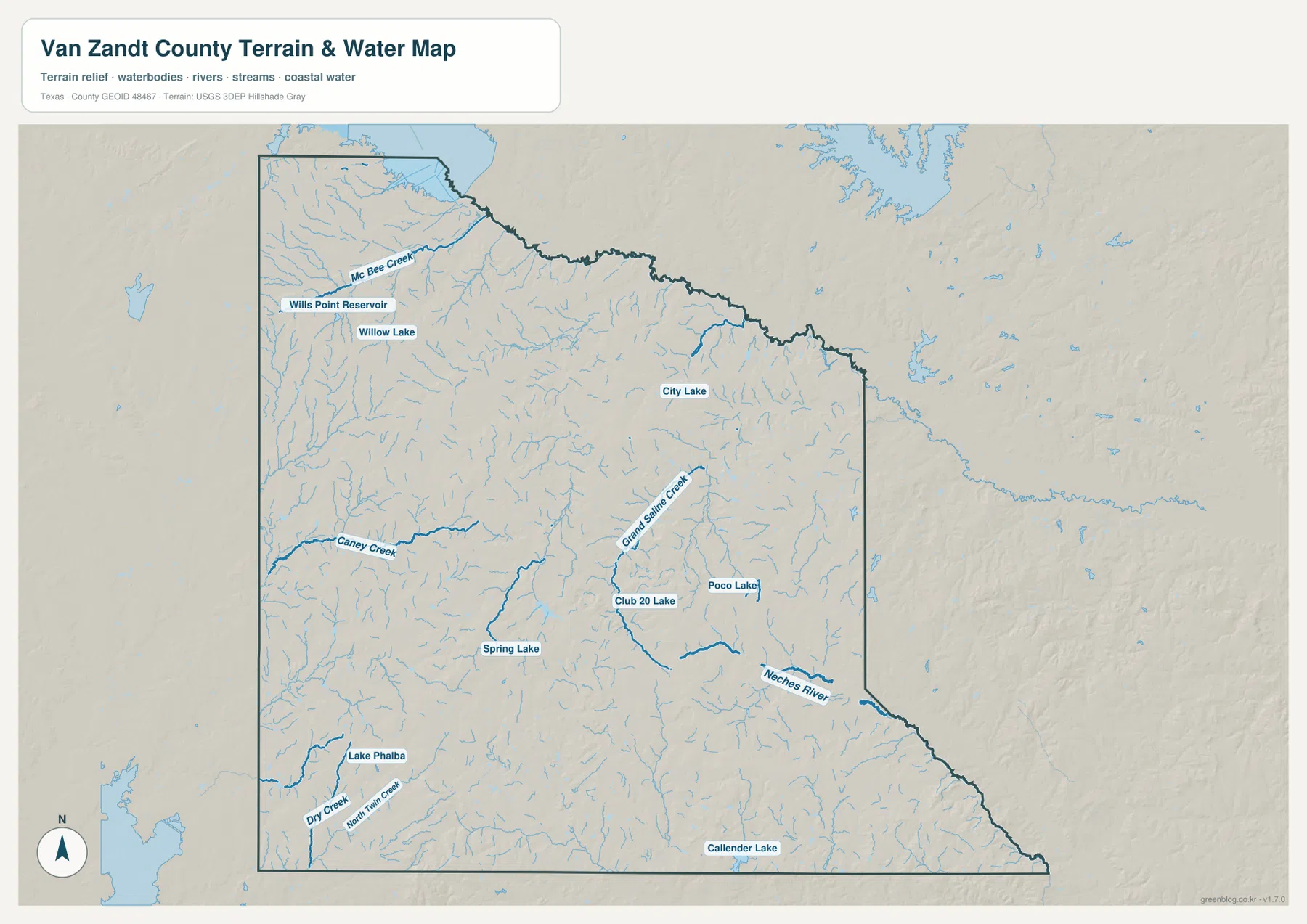 Van Zandt County water map showing Caney Creek, Grand Saline Creek, Neches River, Wills Point Reservoir, Lake Phalba, and Callender Lake