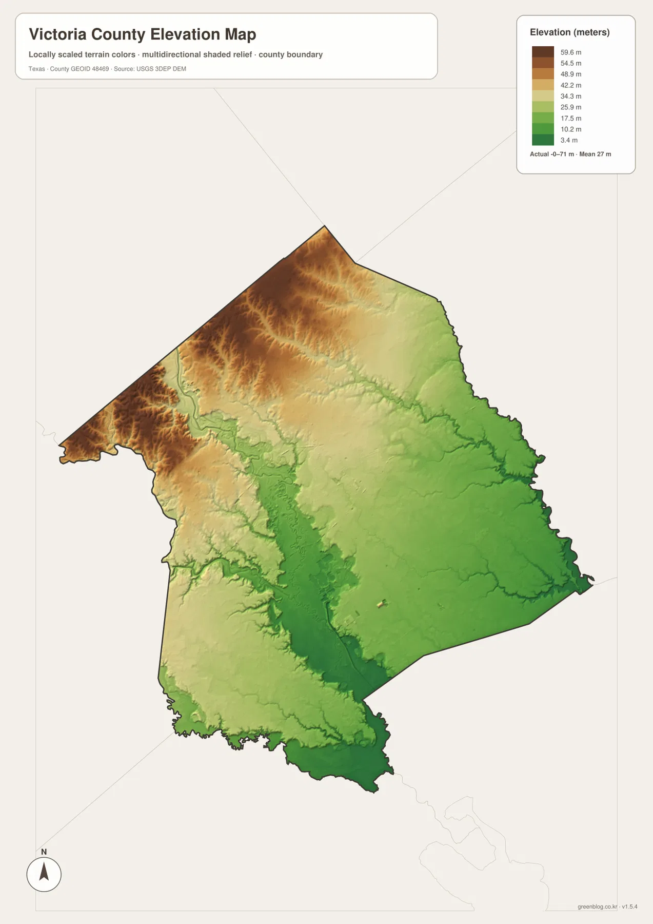 Victoria County elevation map showing an actual range of about 0 to 71 meters and a mean of 27 meters