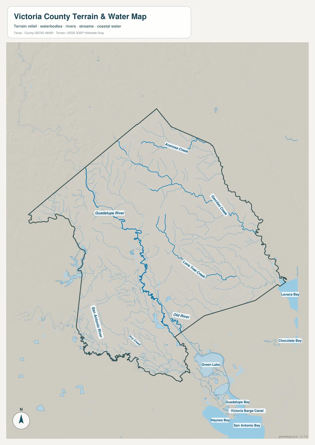 Victoria County water map showing Guadalupe River, San Antonio River, Garcitas Creek, Arenosa Creek, Lone Tree Creek, and Old River