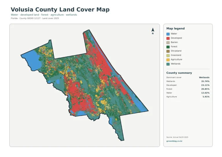 Volusia County Florida Land Cover Map: Developed Atlantic Side, Wetland Interior, and Broad Water Areas