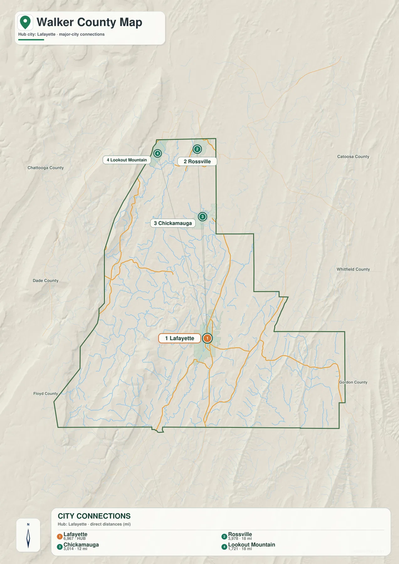 Walker County city map comparing LaFayette with Chickamauga, Rossville, and Lookout Mountain