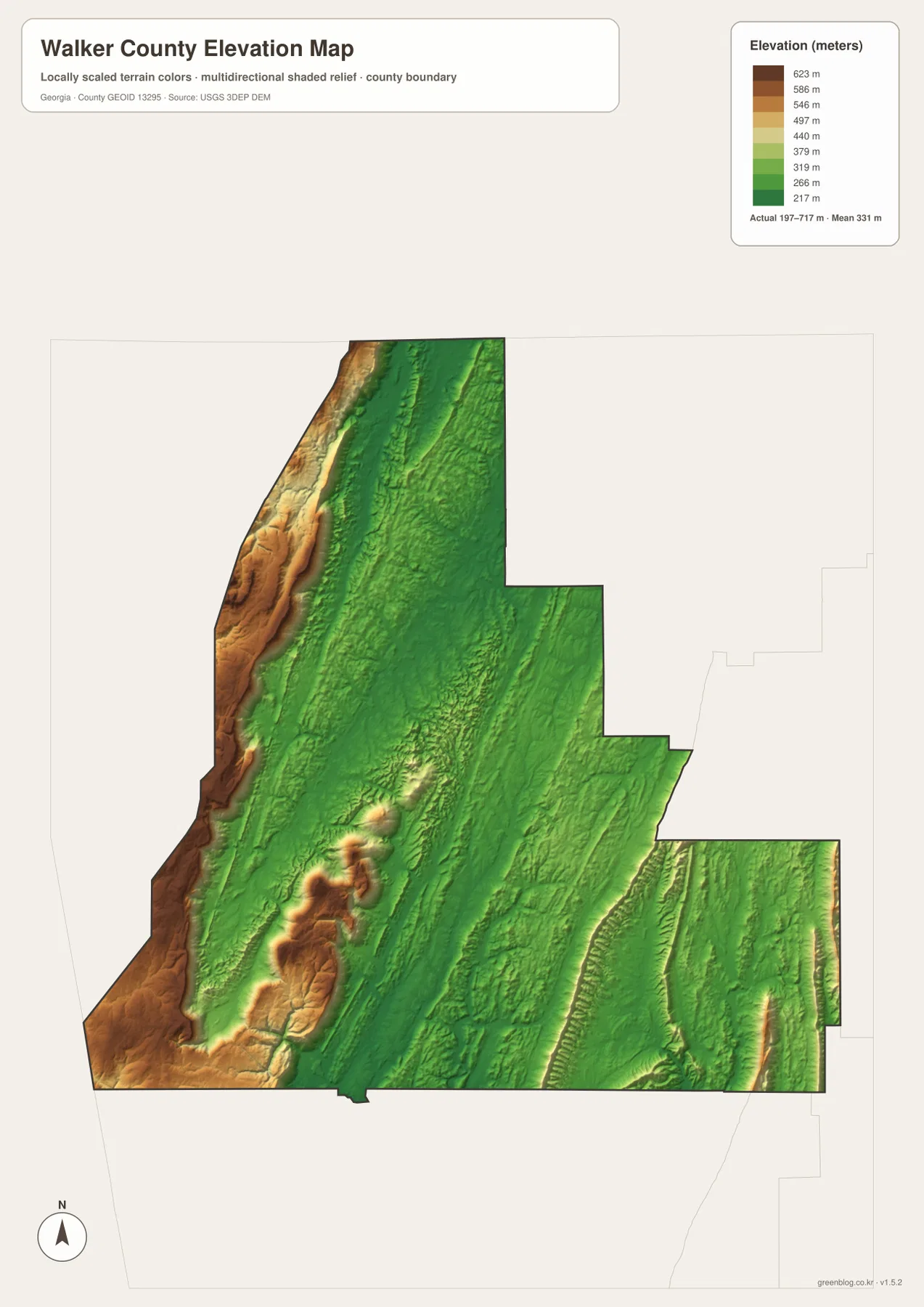 Walker County elevation map showing high western ridges and lower central and eastern valleys from about 197 to 717 meters