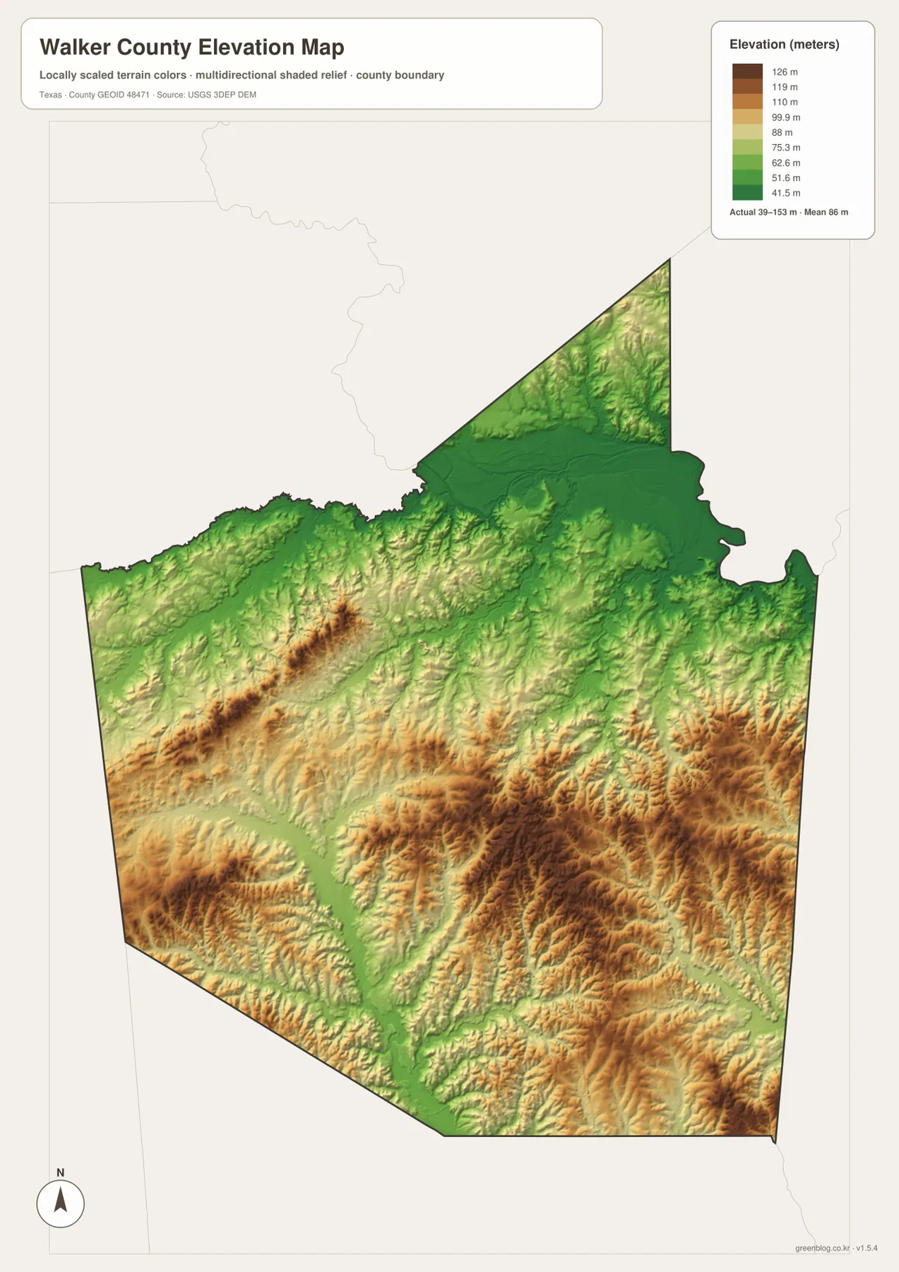 Walker County elevation map showing an actual range of about 39 to 153 meters and a mean of 86 meters
