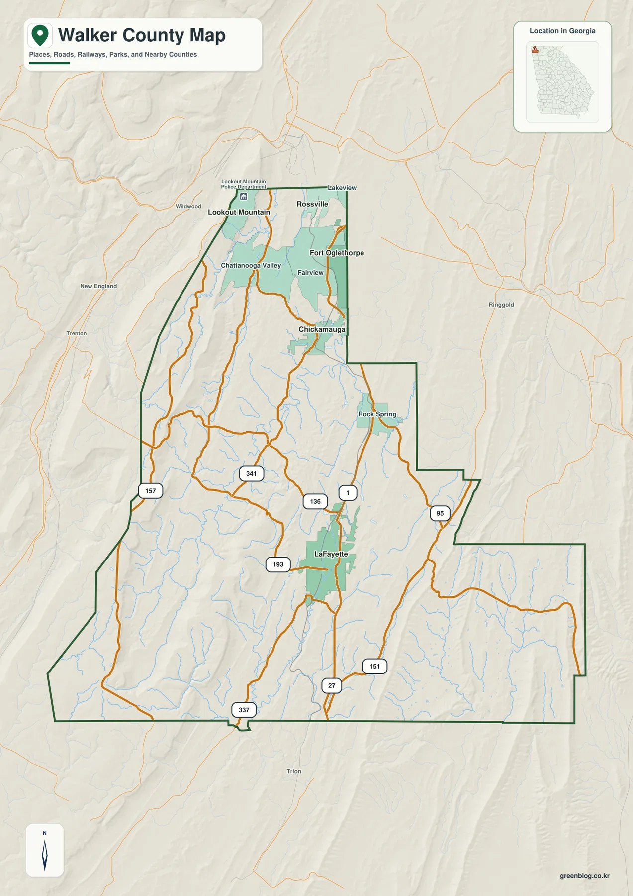 Walker County Georgia map showing LaFayette, Chickamauga, Rossville, Lookout Mountain, roads, streams, and the county boundary