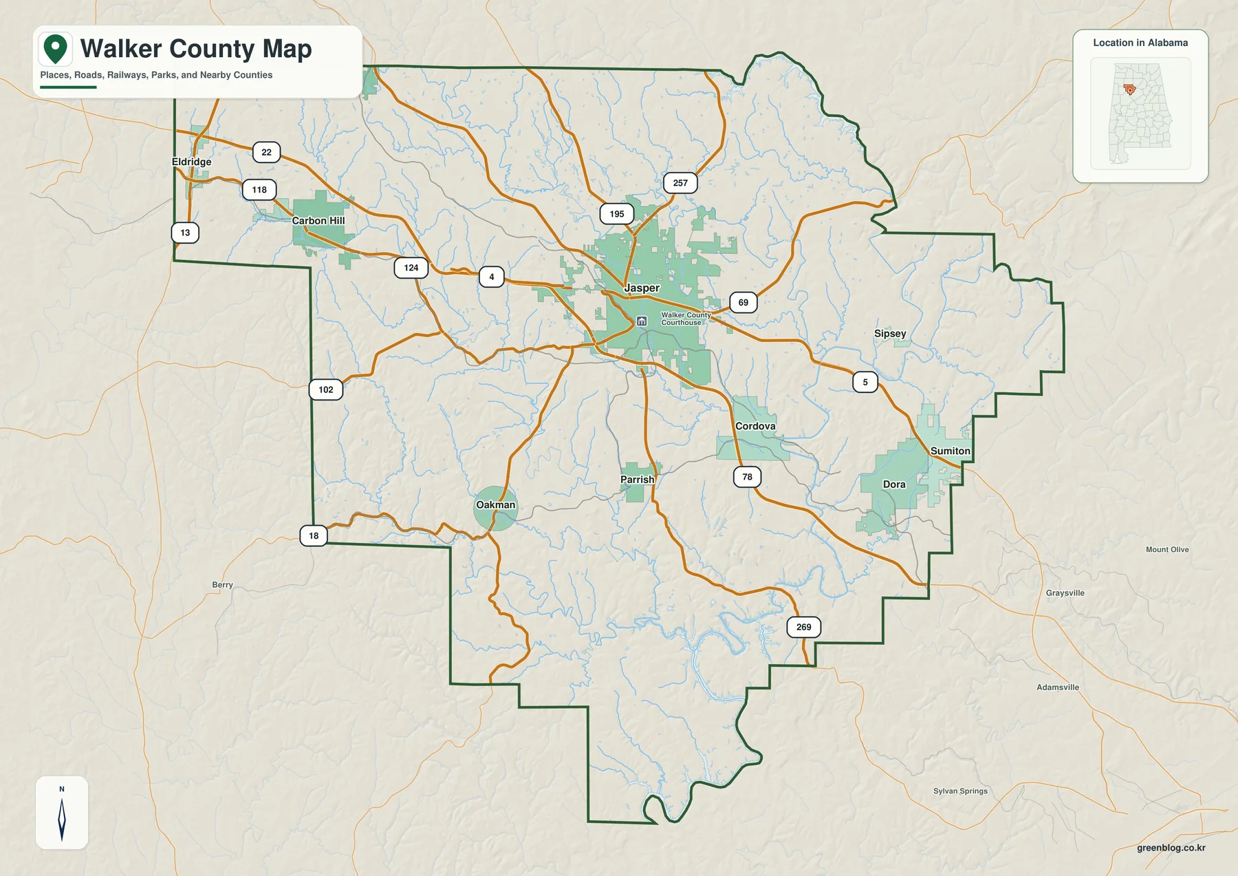 Walker County Alabama 경계와 Jasper, Carbon Hill, Cordova, Dora, Sumiton, Parrish, Oakman 및 주요 도로를 표시한 지도