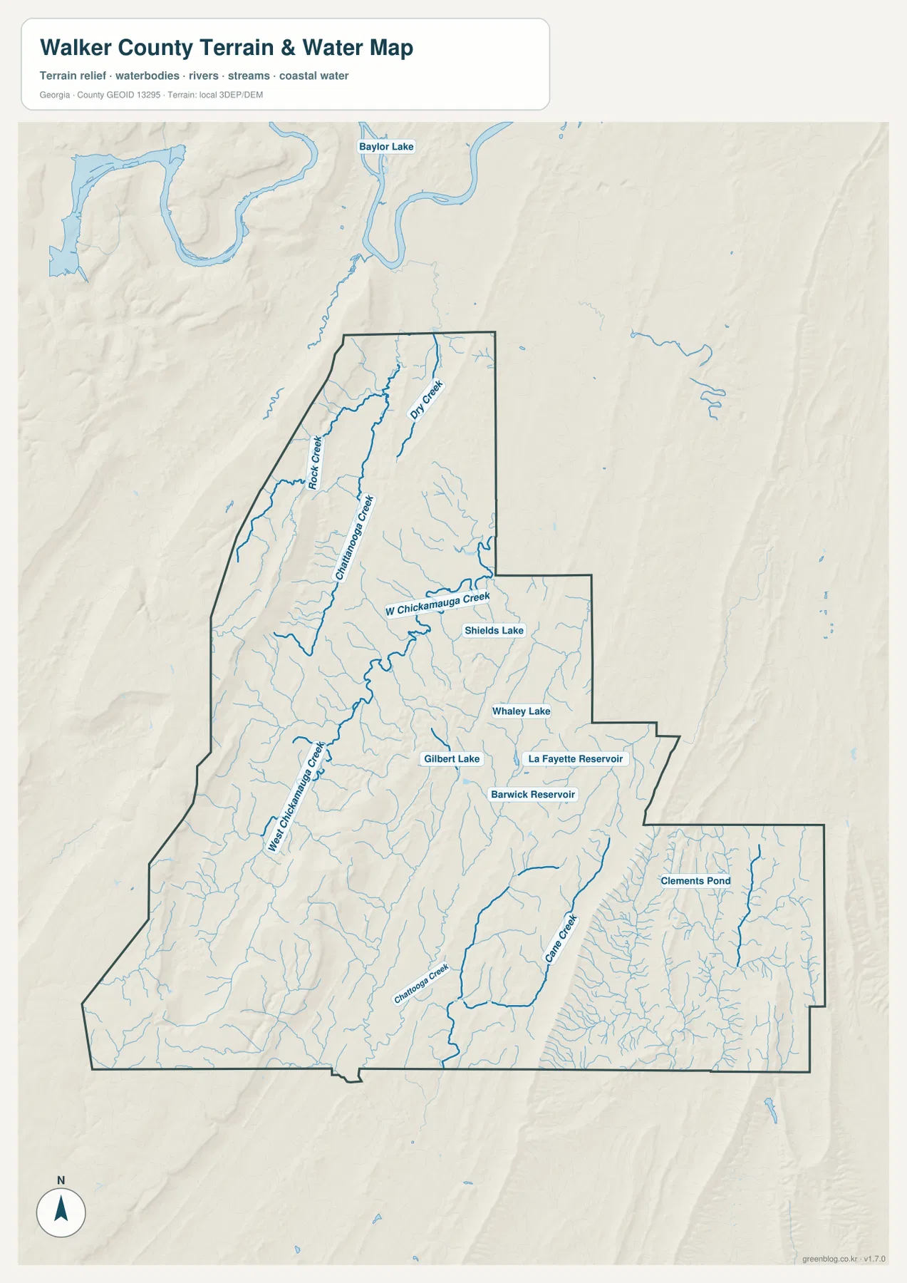 Walker County water map showing Chickamauga Creek, Cane Creek, reservoirs, lakes, and smaller streams