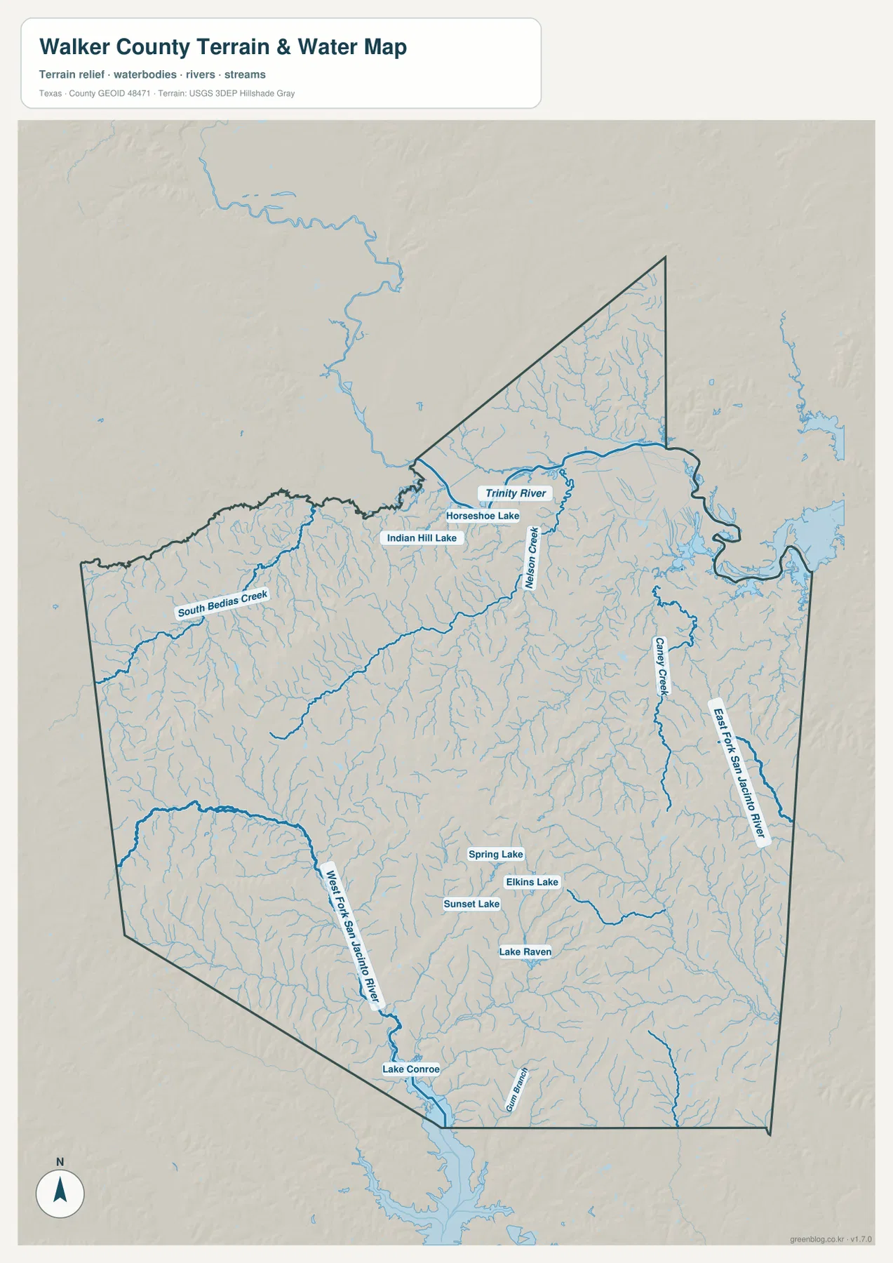 Walker County water map showing Trinity River, South Bedias Creek, East Fork and West Fork San Jacinto River, Lake Raven, and Lake Conroe