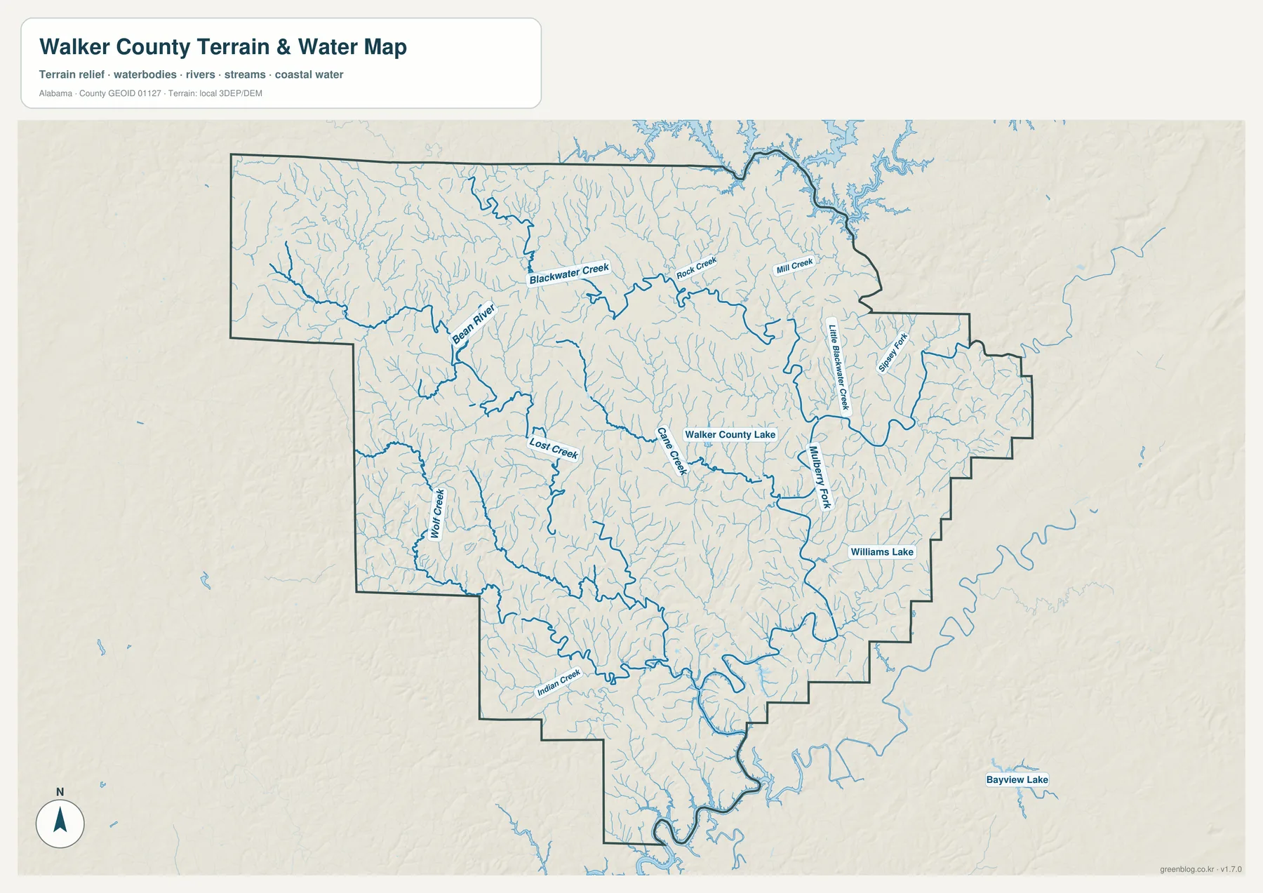 Walker County의 Sipsey Fork, Mulberry Fork, Blackwater Creek, Rock Creek, Bean River, Lost Creek, Cane Creek와 여러 호수를 표시한 수역 지도