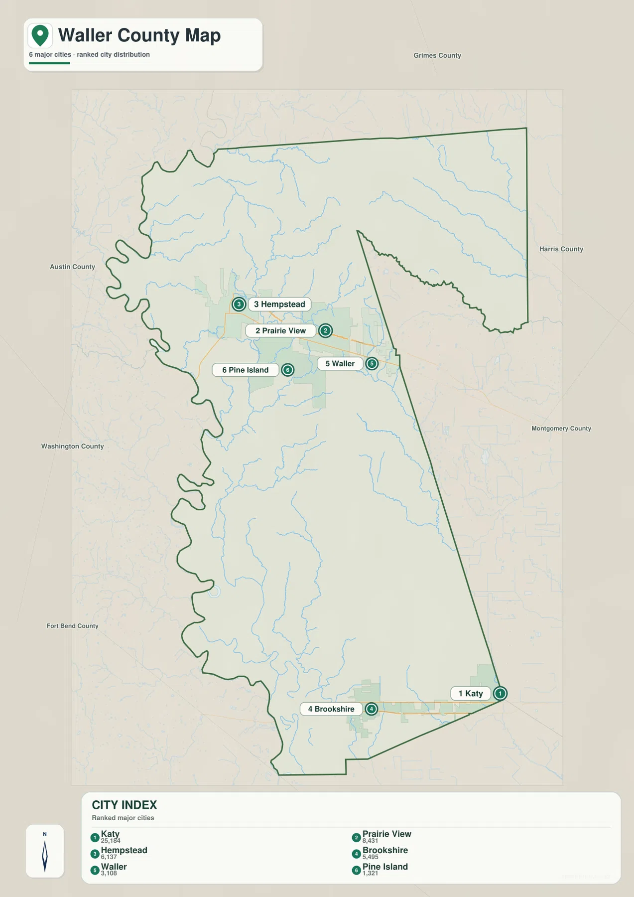 Waller County ranked city map showing Katy, Prairie View, Hempstead, Brookshire, Waller, and Pine Island