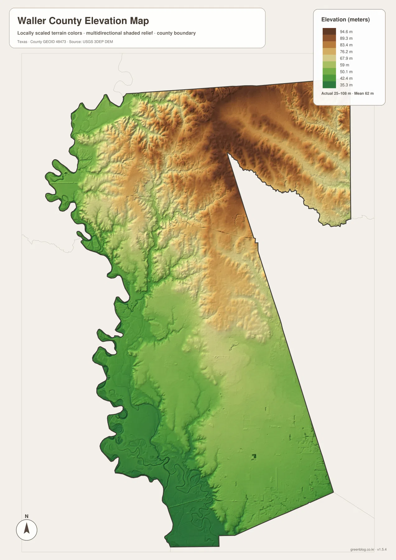 Waller County elevation map showing an actual range of about 25 to 108 meters and a mean of 62 meters