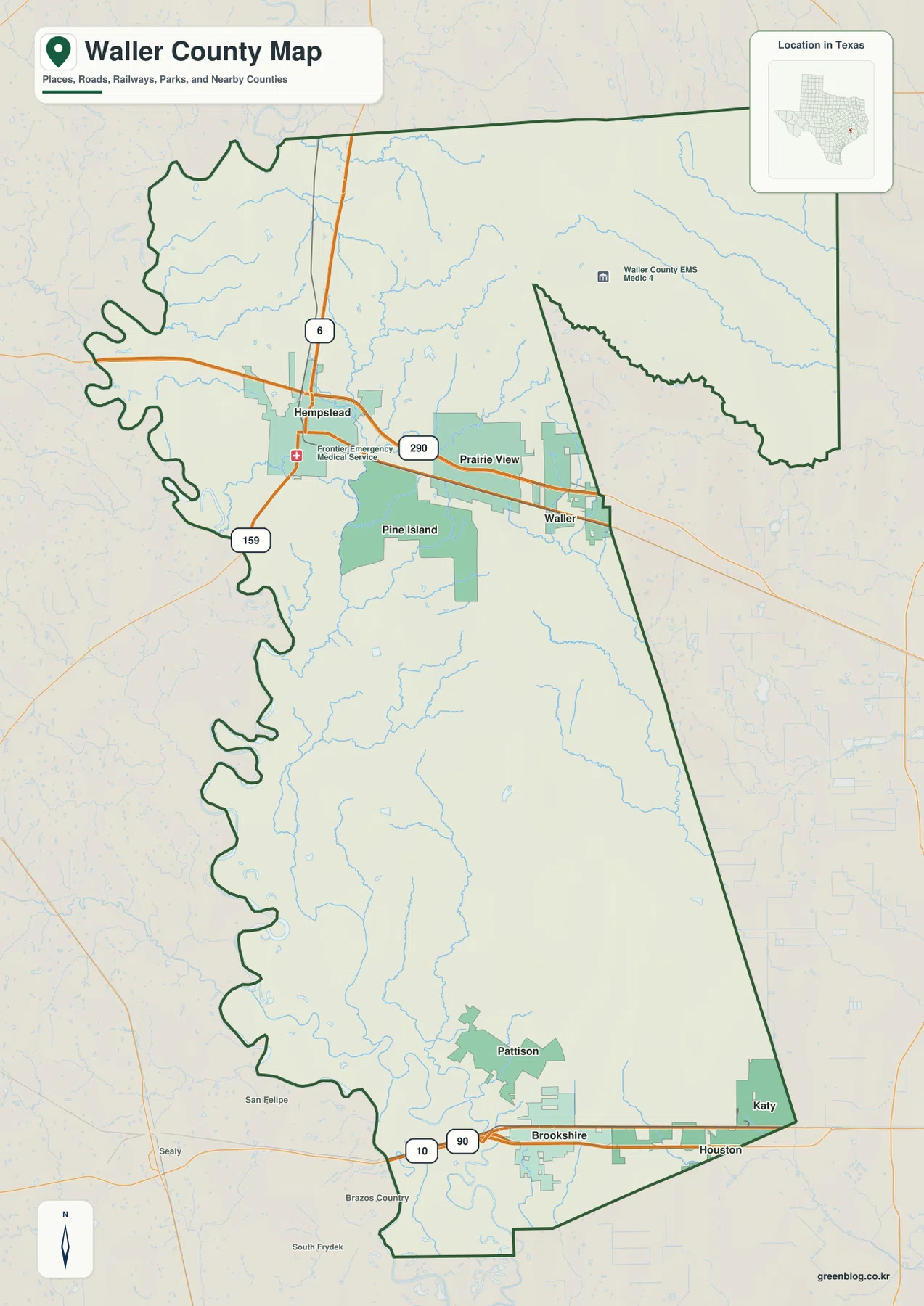 Waller County map showing Hempstead, Prairie View, Waller, Pine Island, Brookshire, Katy, and major road routes
