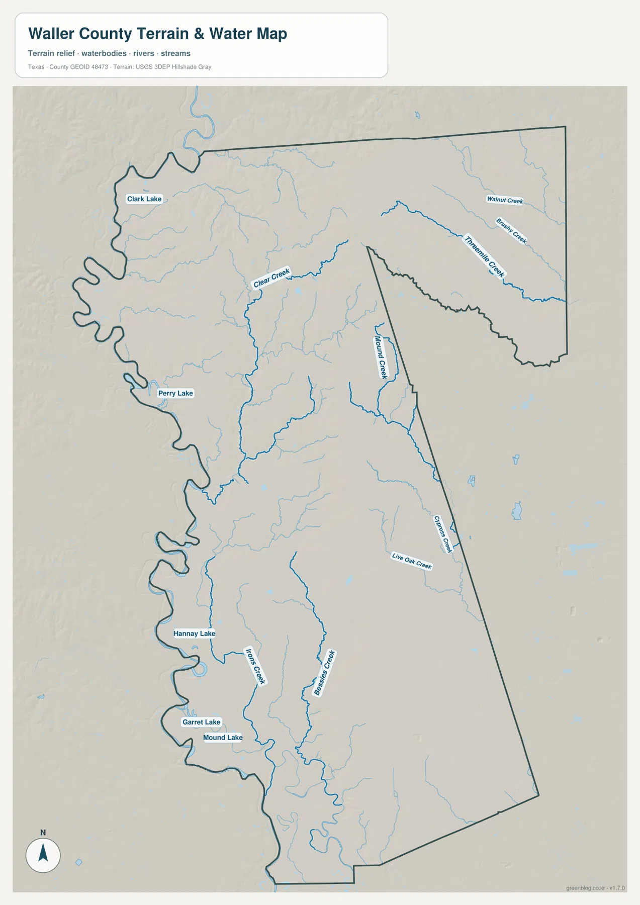 Waller County water map showing Clear Creek, Threemile Creek, Walnut Creek, Brushy Creek, Cypress Creek, Live Oak Creek, Bessies Creek, and named lakes