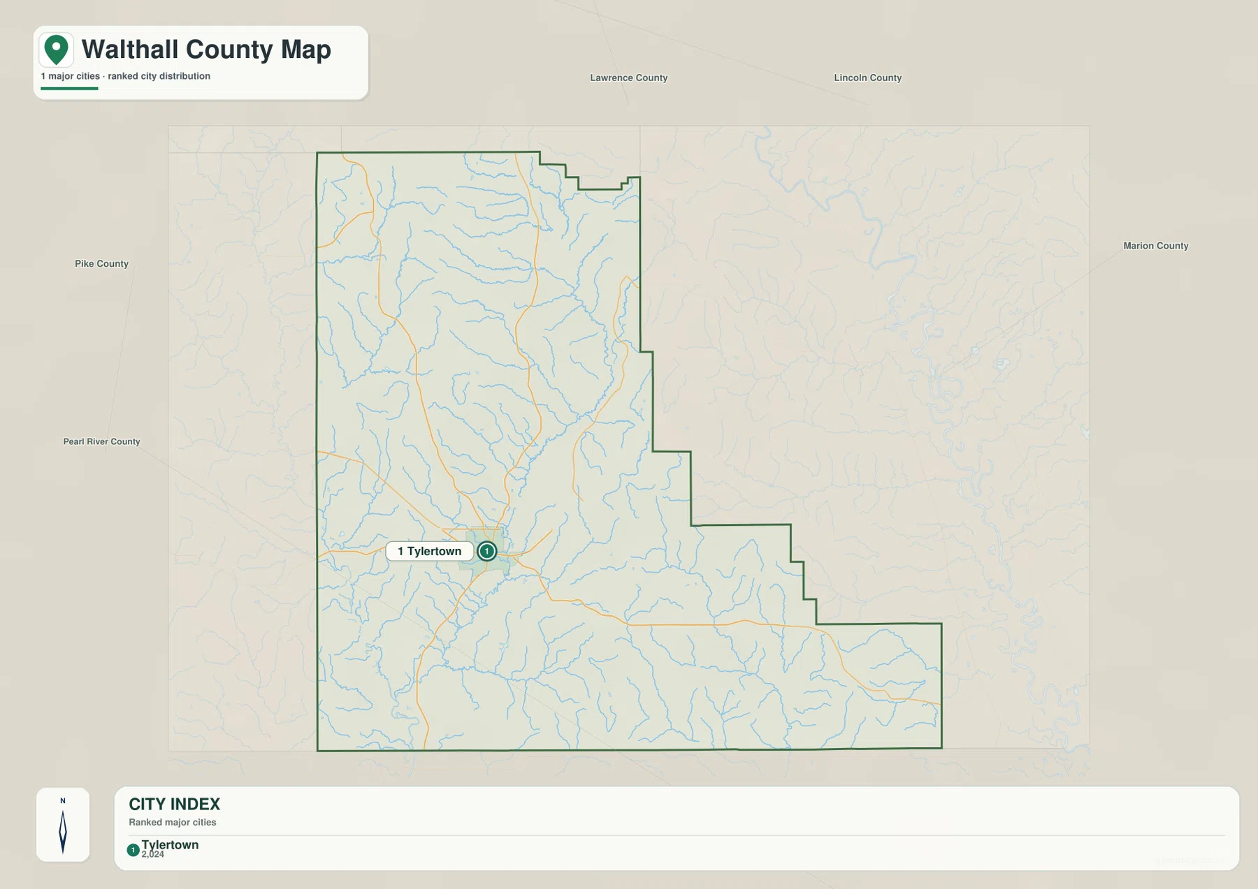 Walthall County 도시 지도 - Tylertown과 주변 Pike, Pearl River, Lawrence, Lincoln, Marion County