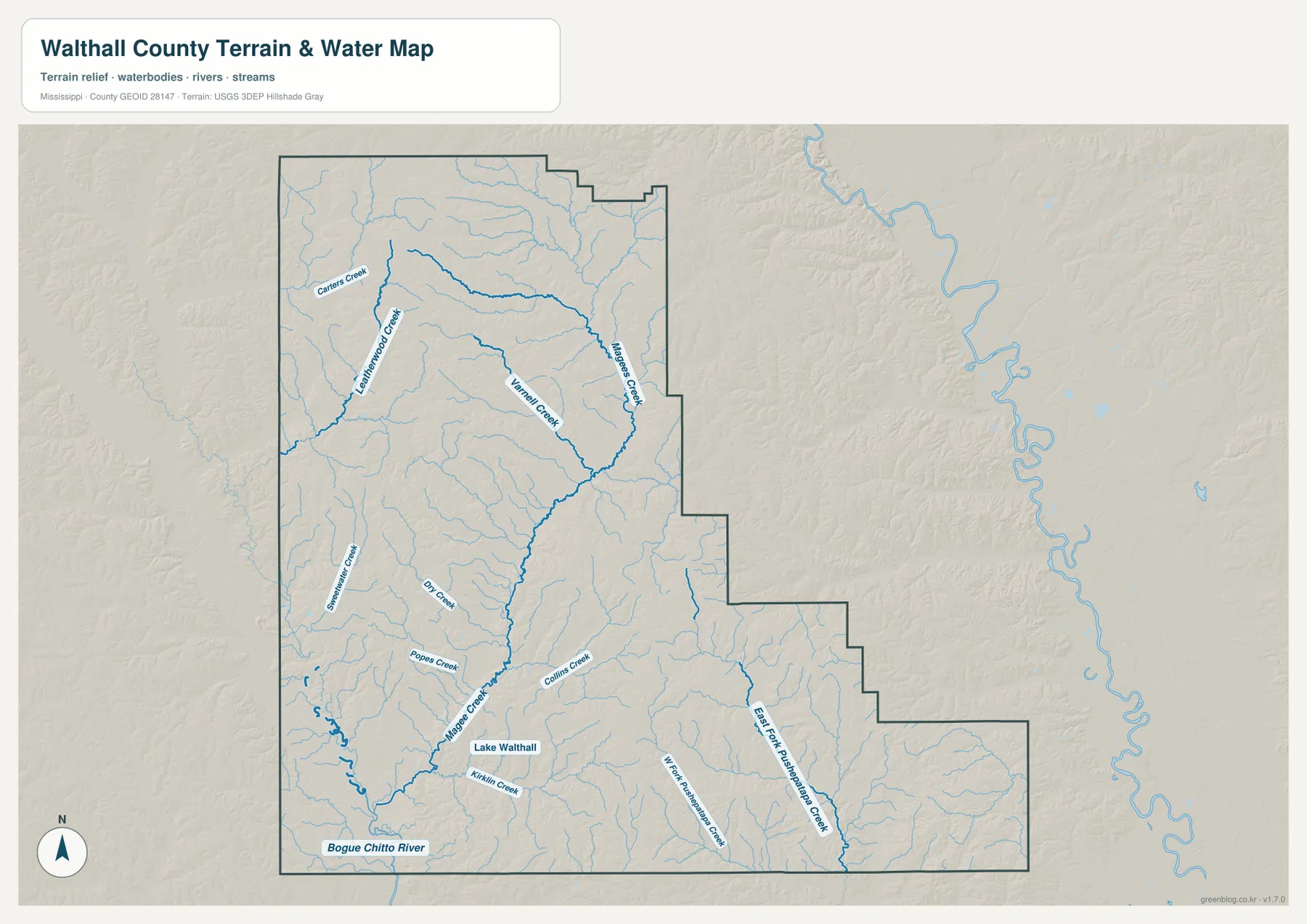 Walthall County 수역 지도 - Bogue Chitto River, Magee Creek, Leatherwood Creek, Magees Creek와 주요 개울
