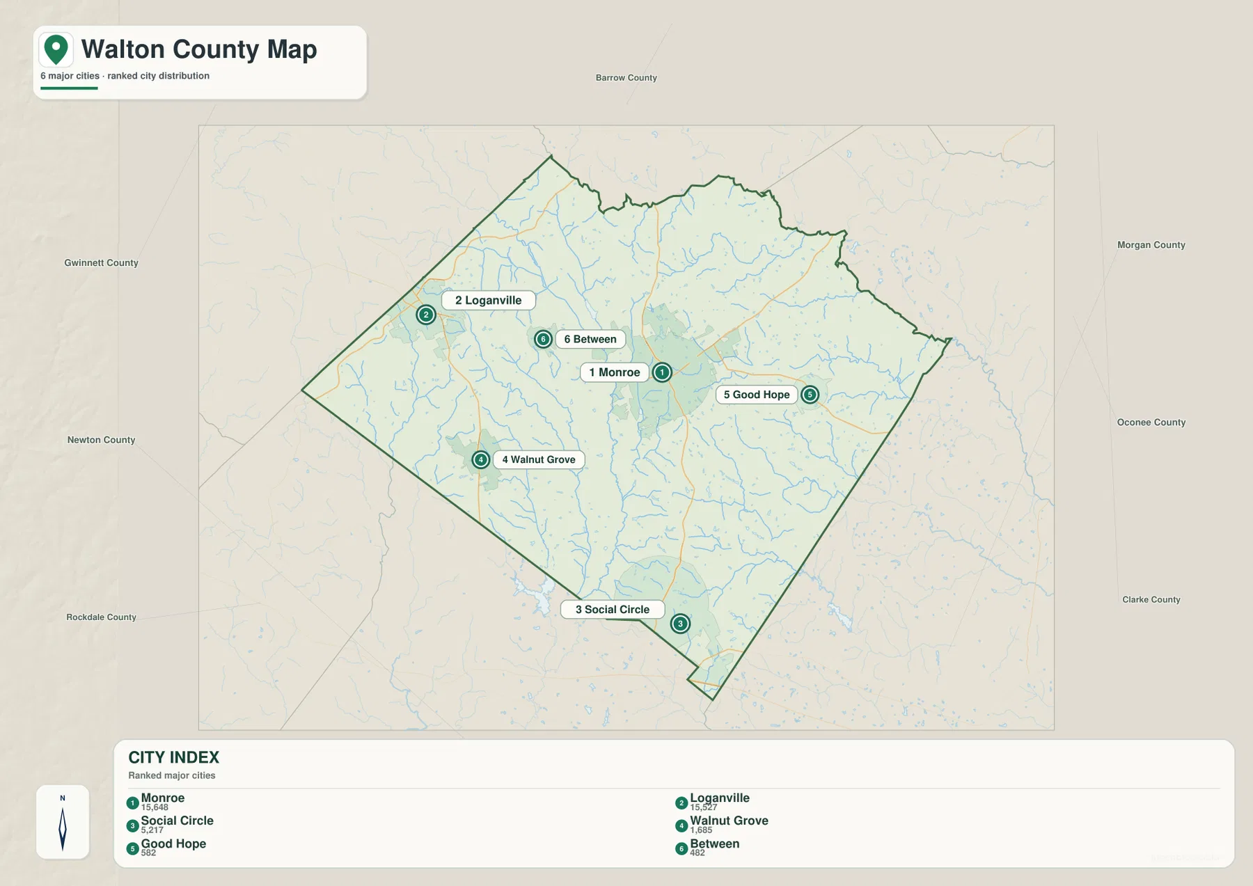 Walton County city map showing Monroe, Loganville, Social Circle, Walnut Grove, Good Hope, and Between