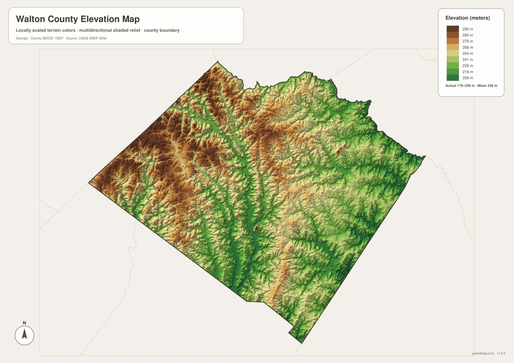 Walton County elevation map showing a 179 to 326 meter range, higher northwest hills, and a lower central Alcovy River valley
