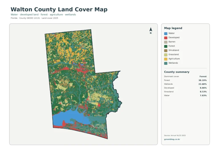 Walton County Florida Land Cover Map: Forested Interior, Farm Patches, Bay Water, and Coastal Development