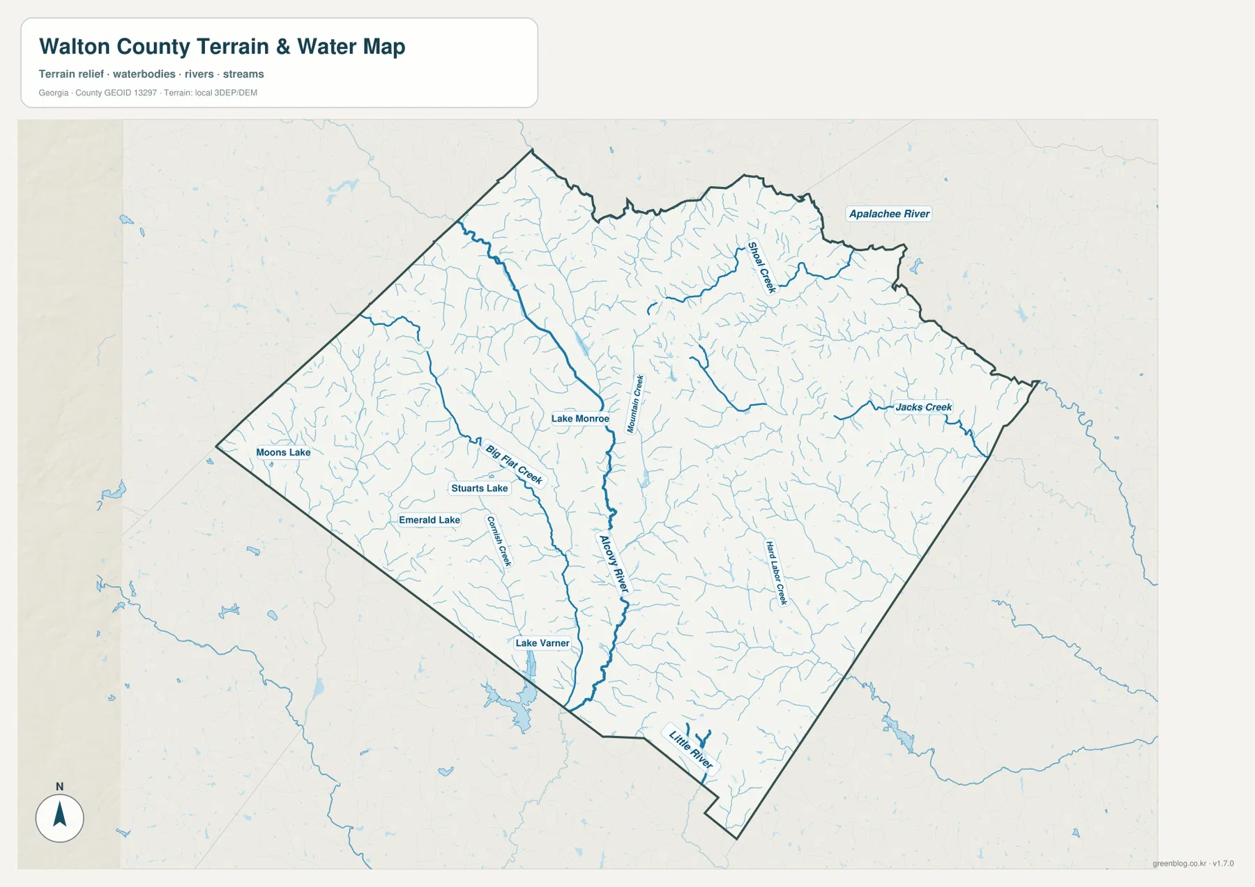 Walton County water map showing the Alcovy River, Apalachee River, Shoal Creek, Jacks Creek, Hard Labor Creek, and named lakes