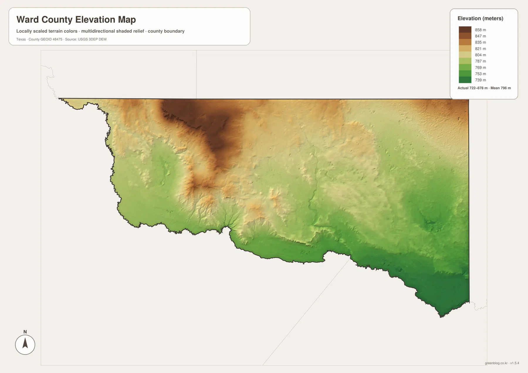 Ward County elevation map showing an actual range of about 722 to 878 meters and a mean elevation of 796 meters