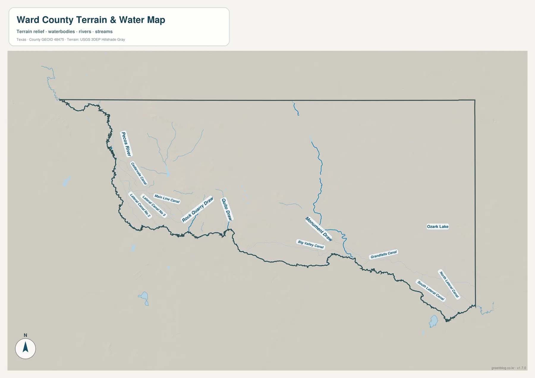 Ward County water map showing Pecos River, Coyanosa Canal, Monument Draw, Grandfalls Canal, Ozark Lake, and other named canals