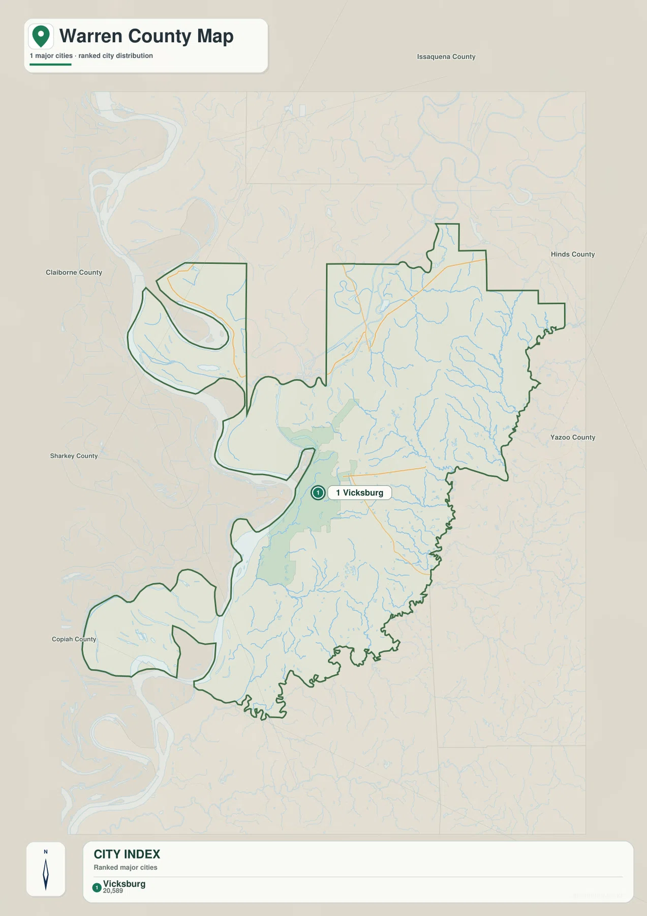 Warren County Mississippi city map centered on Vicksburg and neighboring counties