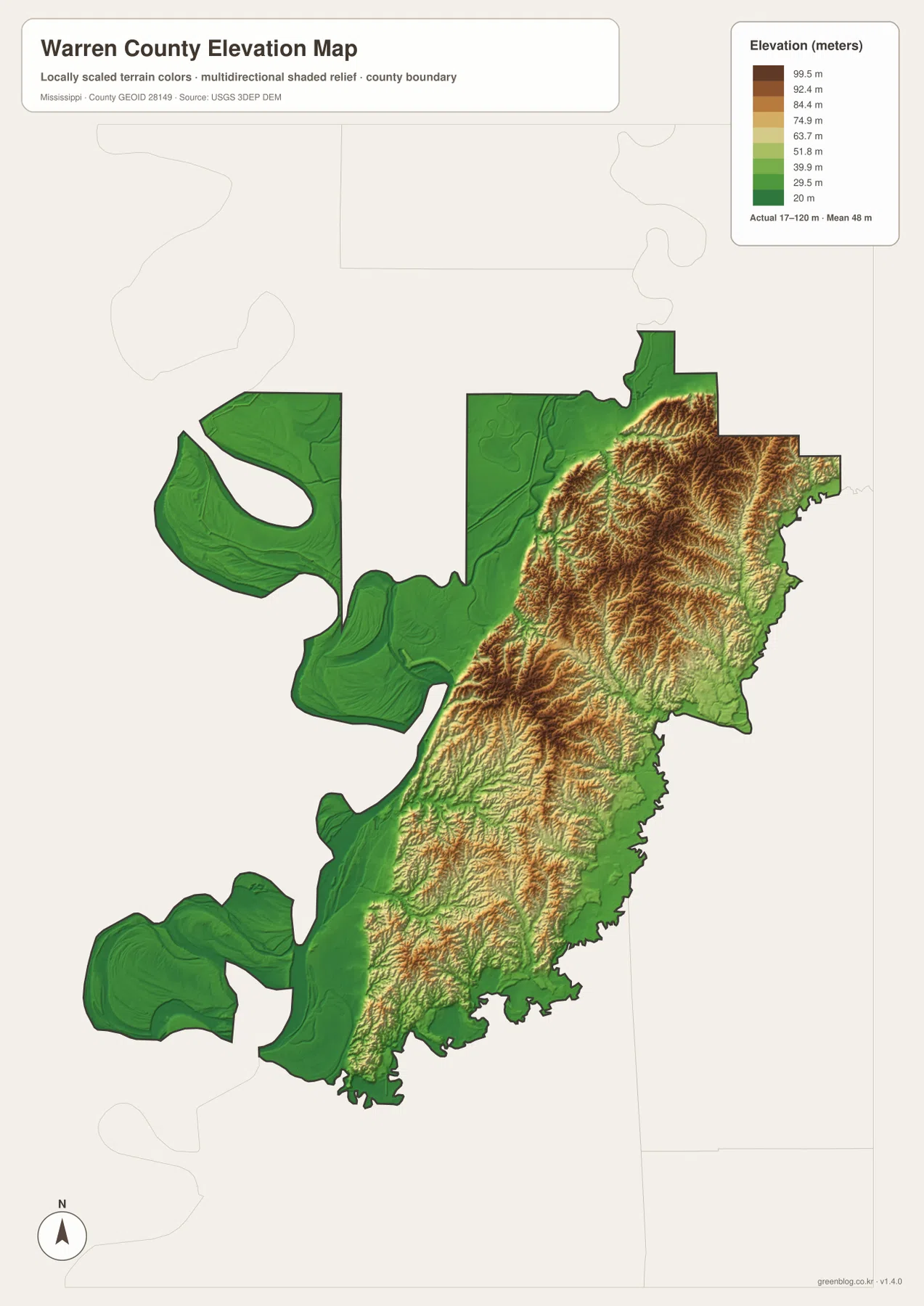 Warren County elevation map showing an actual range of about 17 to 120 meters from Mississippi River lowlands to eastern bluffs